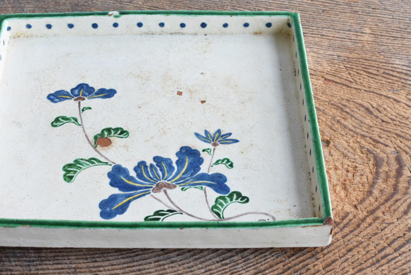 Glazed Japanese Antique Overglaze Pottery Square Plate/Square Pottery Tray/1800s/Edo