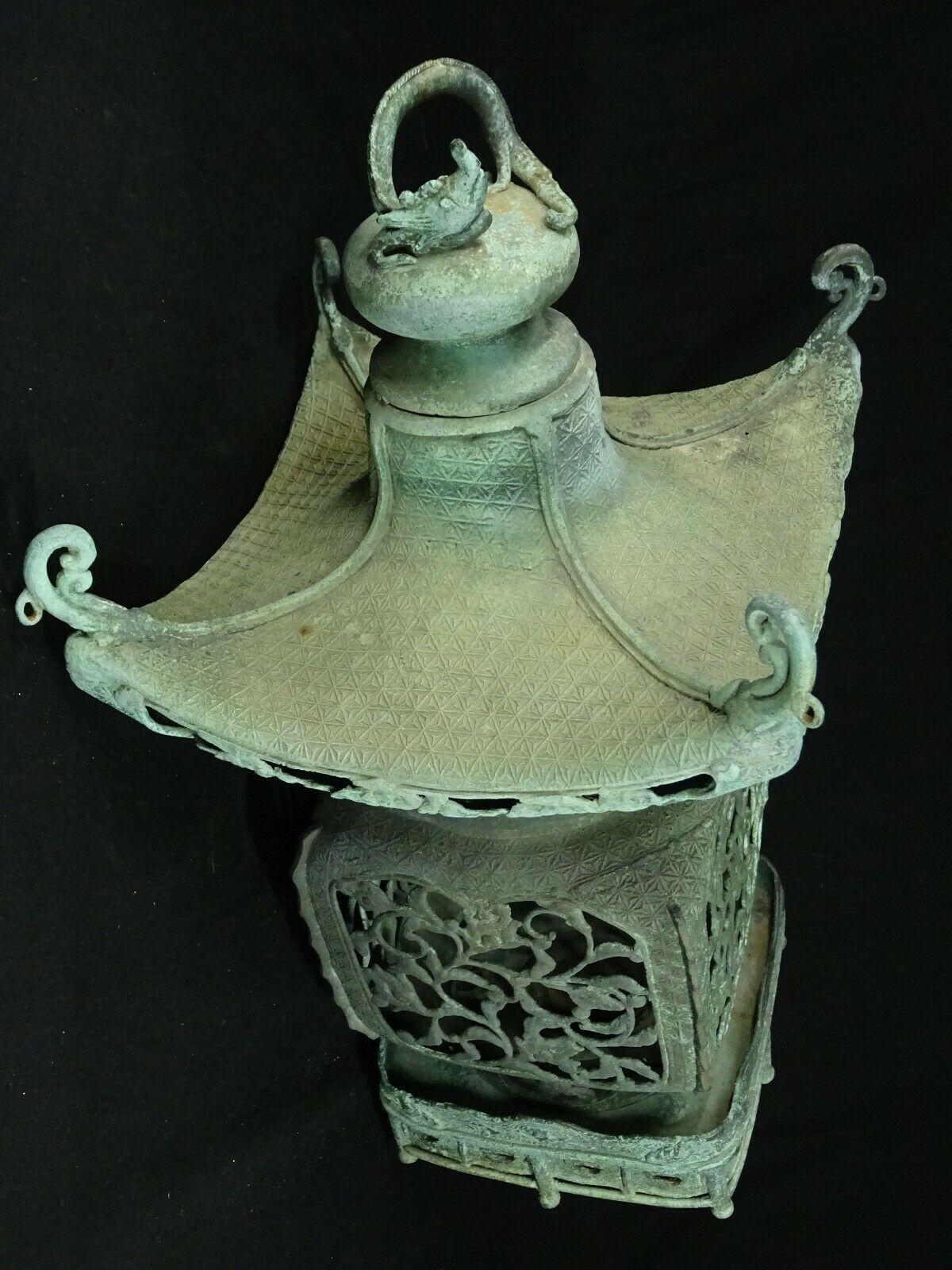 Taisho Japanese Antique Pagoda Tea House Bronze Lantern, Dragon Finial and Fine Details