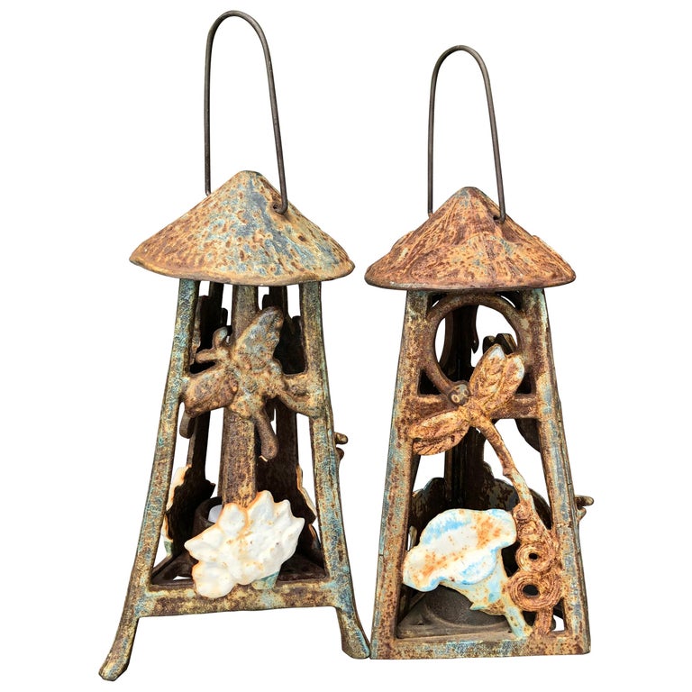 Japanese Antique Pair of Art Nouveau "Butterfly and Dragonfly" Lanterns