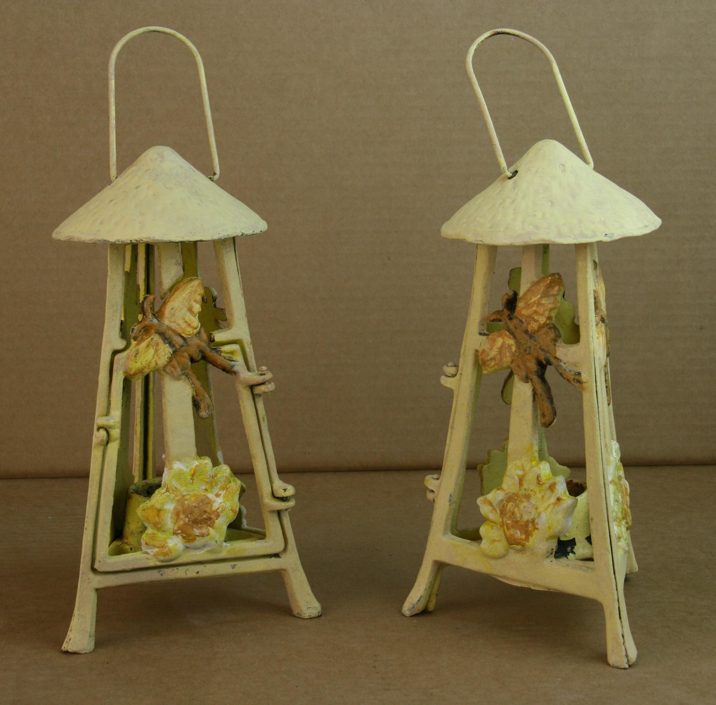 Hand-Crafted Japanese Pair Art Nouveau Style Butterfly and Flowers Garden Candle Lanterns For Sale
