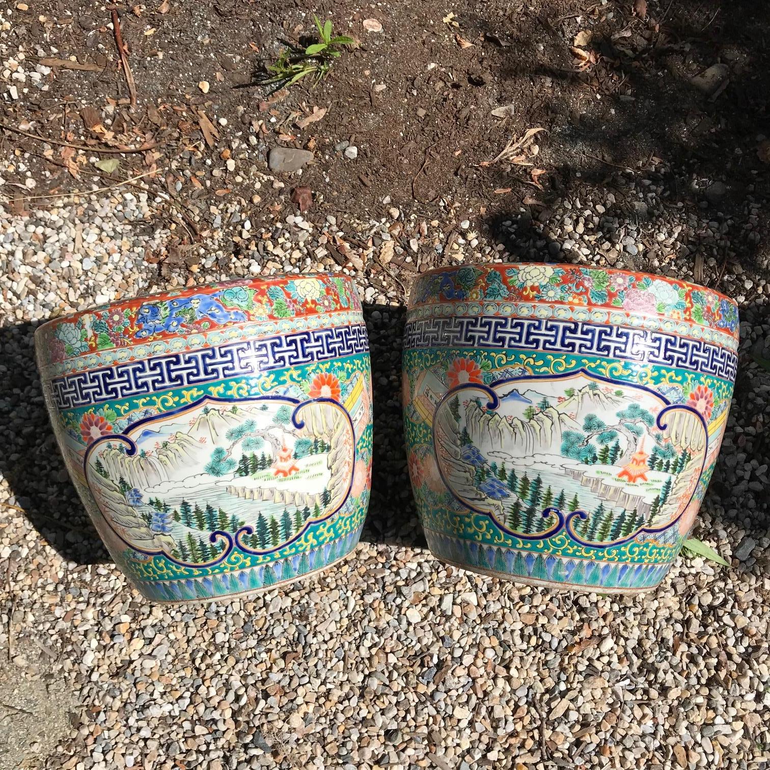 Another glistening pair of antique glazed ceramic form planters, formerly hibachis, from old Japan dating 1890-1900. 

Beautiful details.

A rare find especially as a pair.

Auspicious symbols are revealed in under glaze cream and iron red colors.