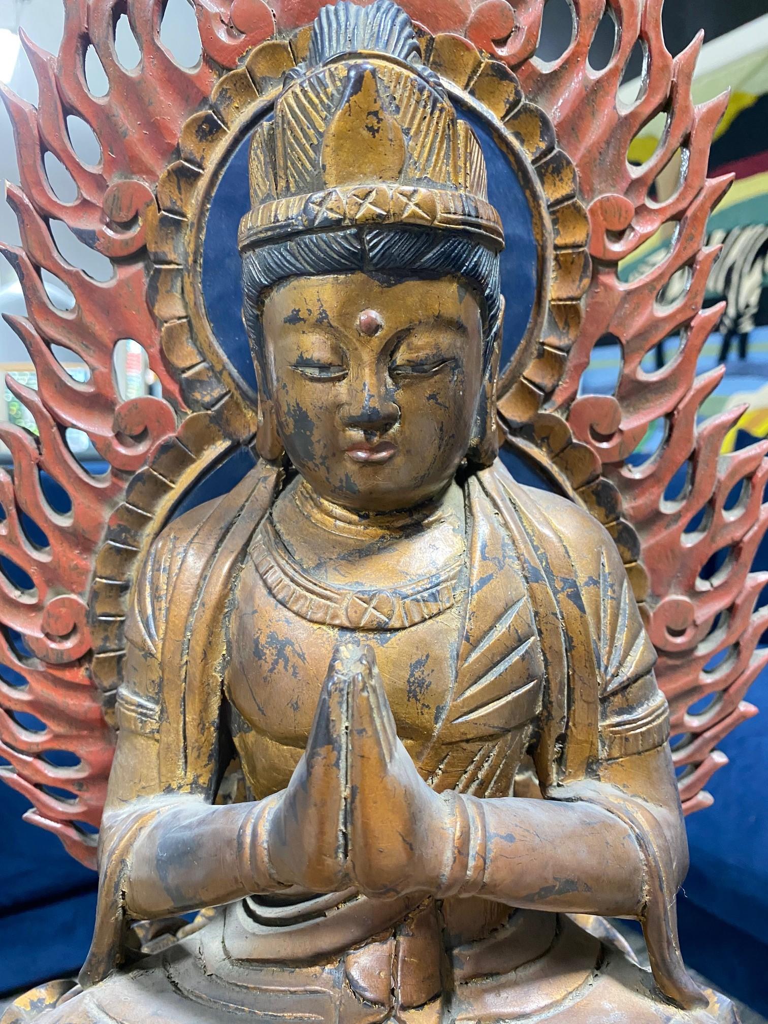 Japanese Antique Pair Buddhist Monju Fugen Bosatsu Nyorai Temple Shrine Buddhas For Sale 4
