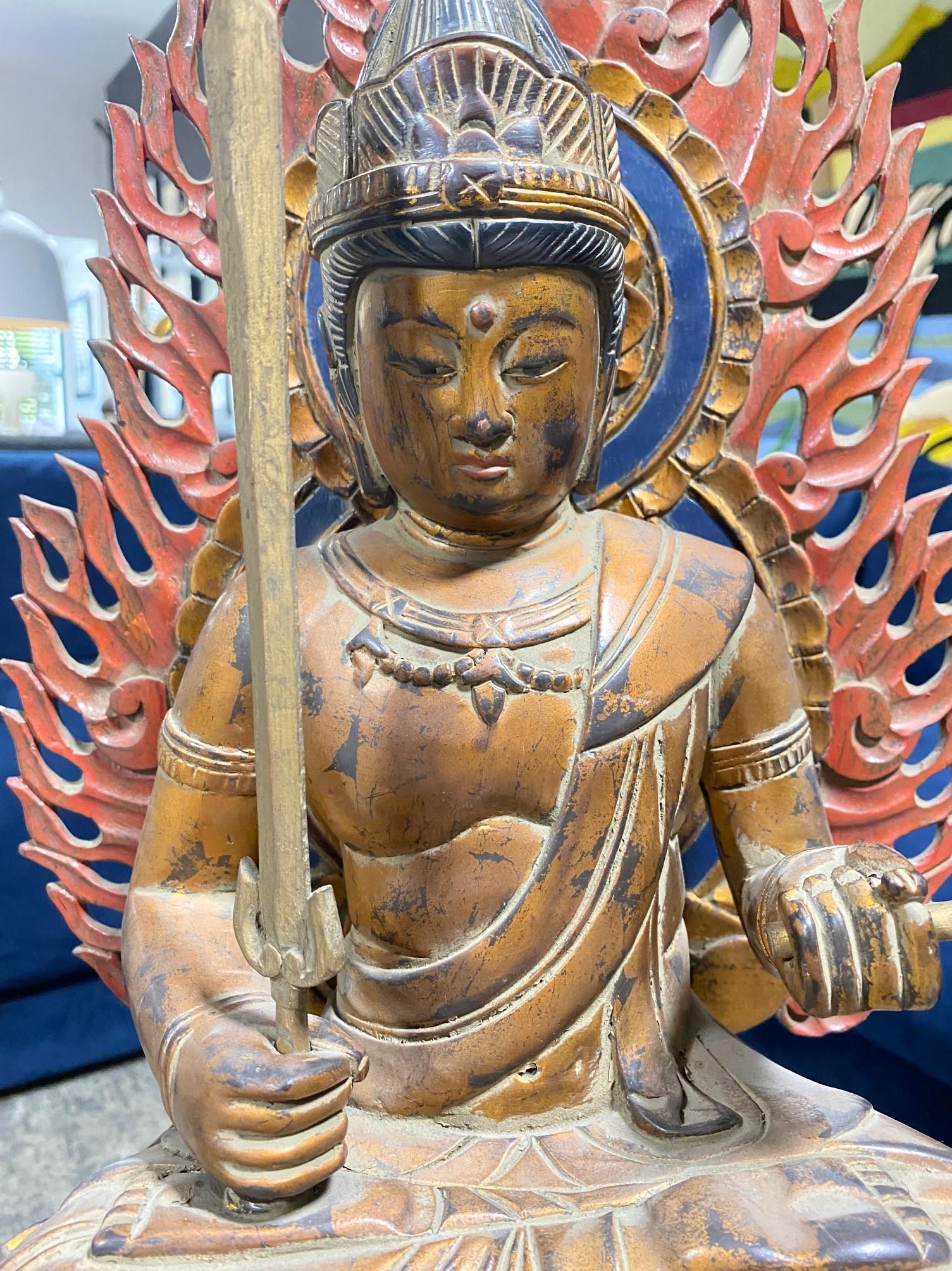 Hand-Carved Japanese Antique Pair Buddhist Monju Fugen Bosatsu Nyorai Temple Shrine Buddhas For Sale
