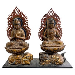 Japanese Antique Pair Buddhist Monju Fugen Bosatsu Nyorai Temple Shrine Buddhas