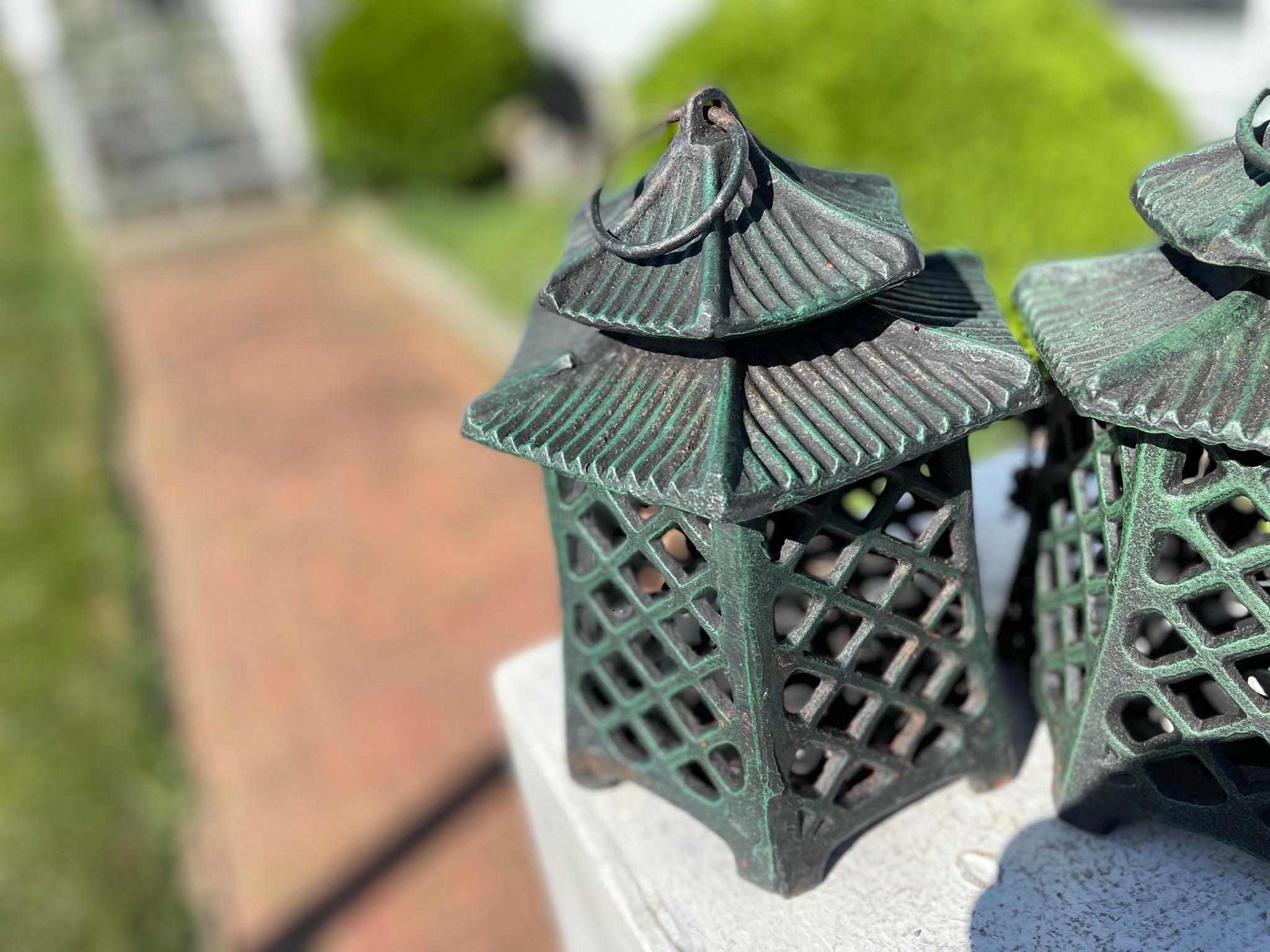 Japanese Old Vintage Pair Double Pagoda Garden Lighting Lanterns 6