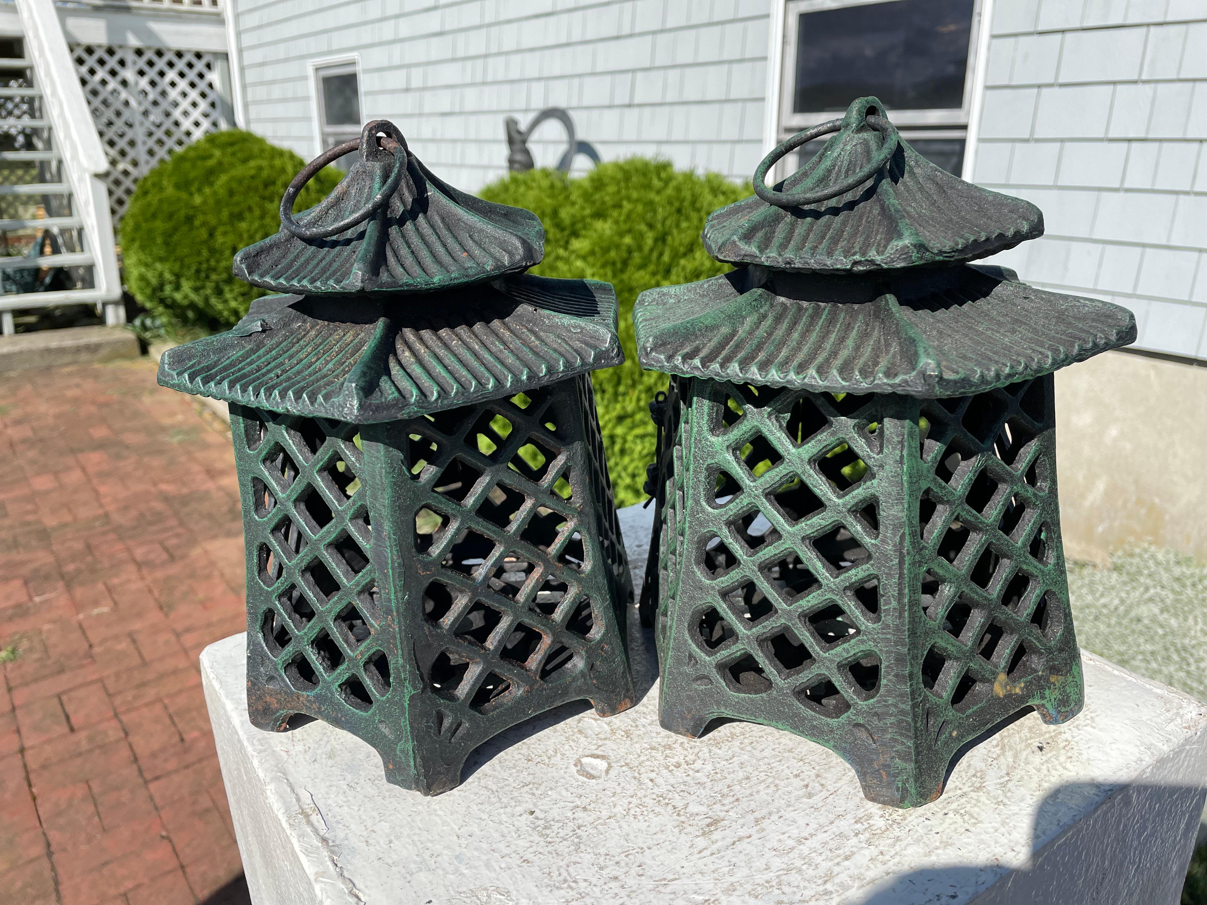 Japanese Old Vintage Pair Double Pagoda Garden Lighting Lanterns 7