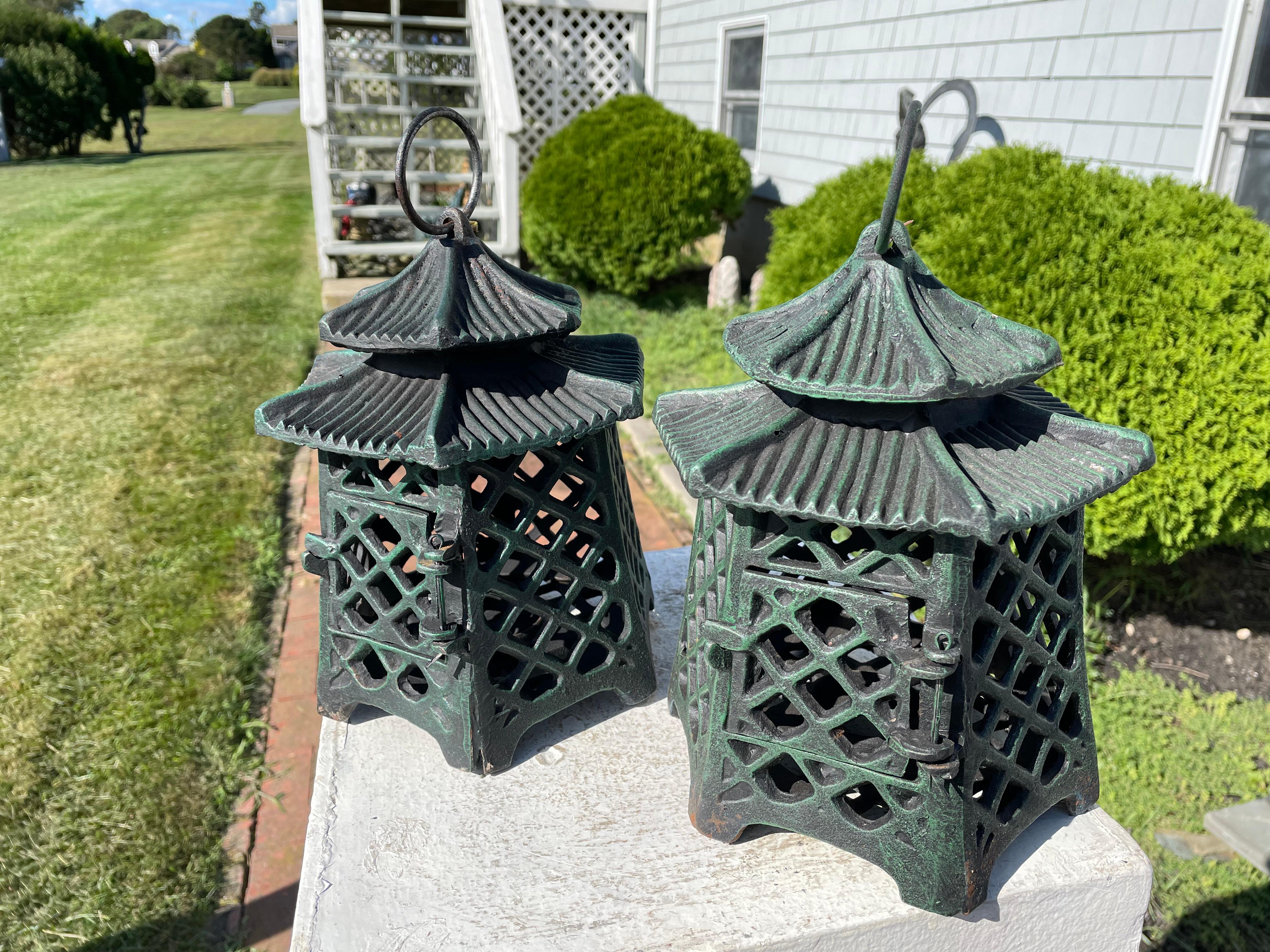 Showa Japanese Old Vintage Pair Double Pagoda Garden Lighting Lanterns