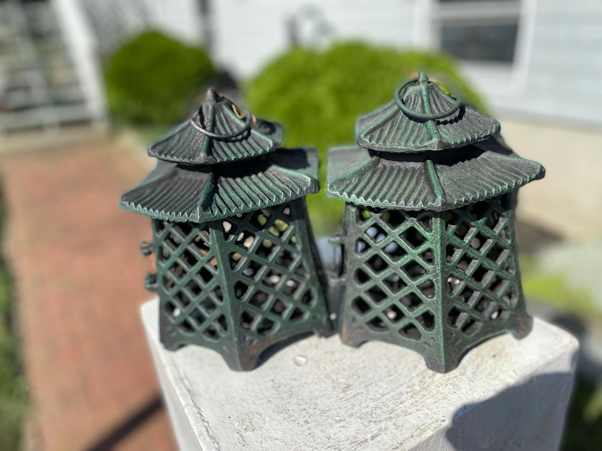 Japanese Old Vintage Pair Double Pagoda Garden Lighting Lanterns 2