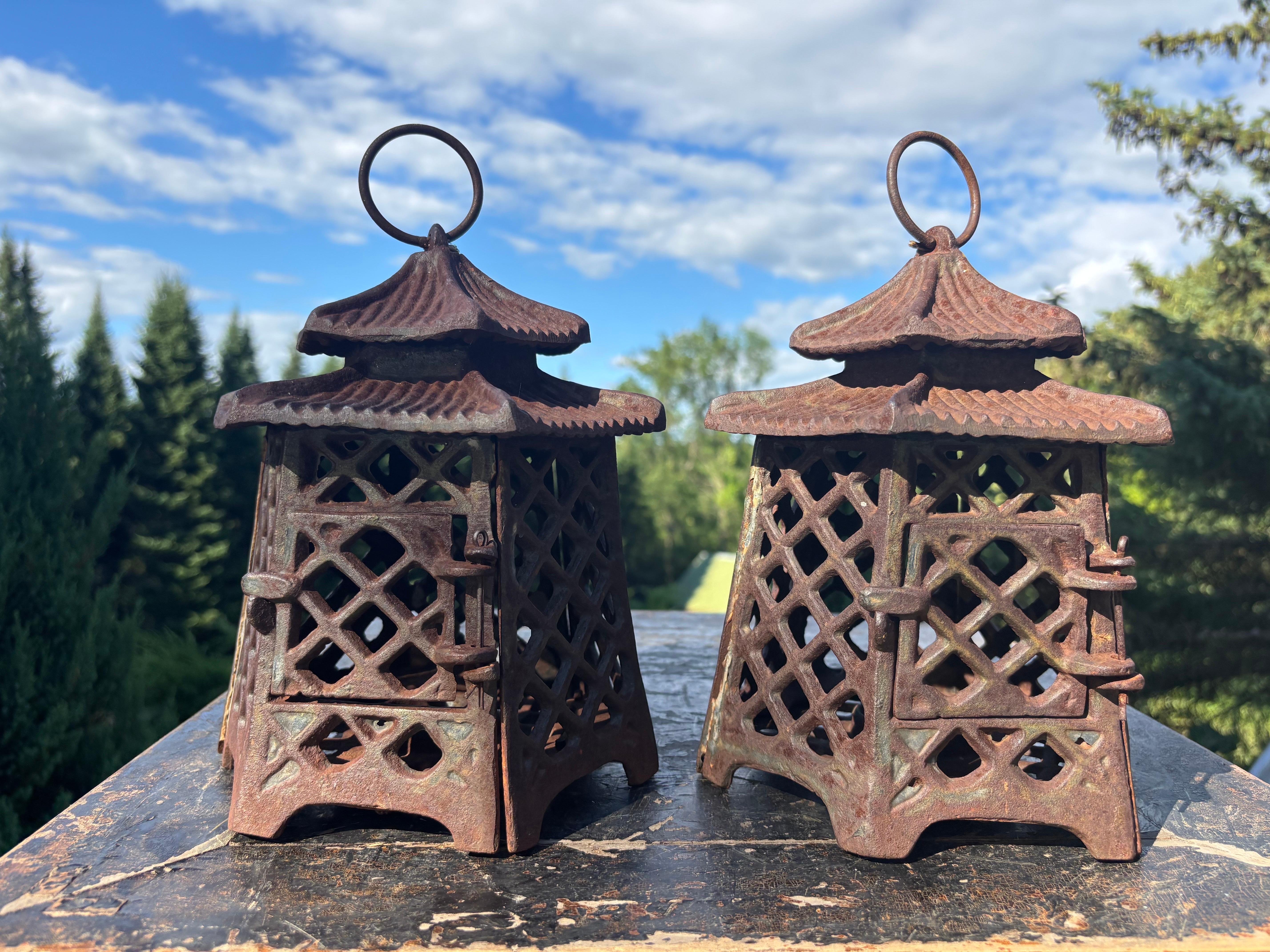 Taisho Japanese Antique Pair Double Pagoda Lighting Lanterns For Sale