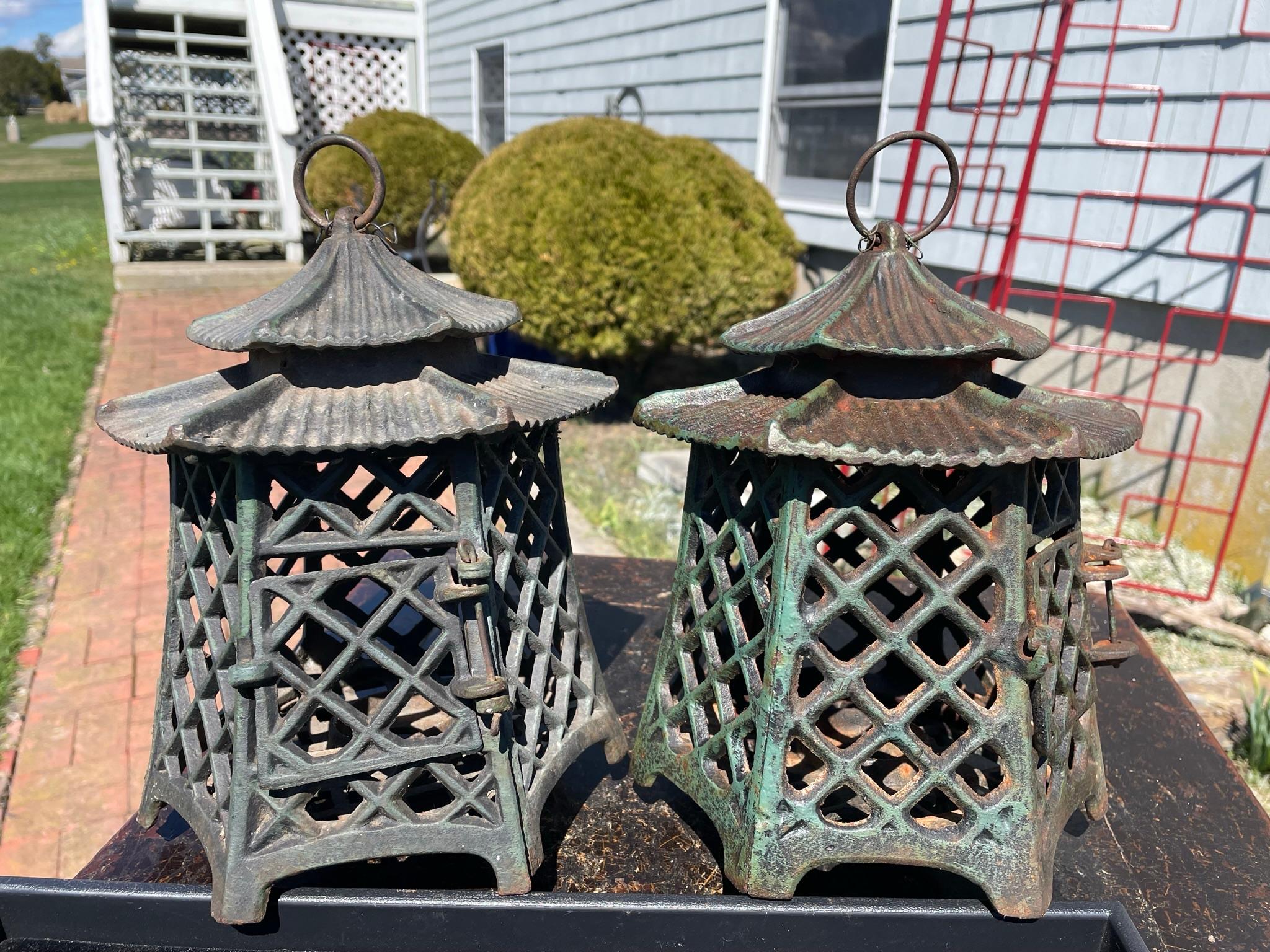 Taisho Japanese Antique Pair Double Pagoda Lighting Lanterns