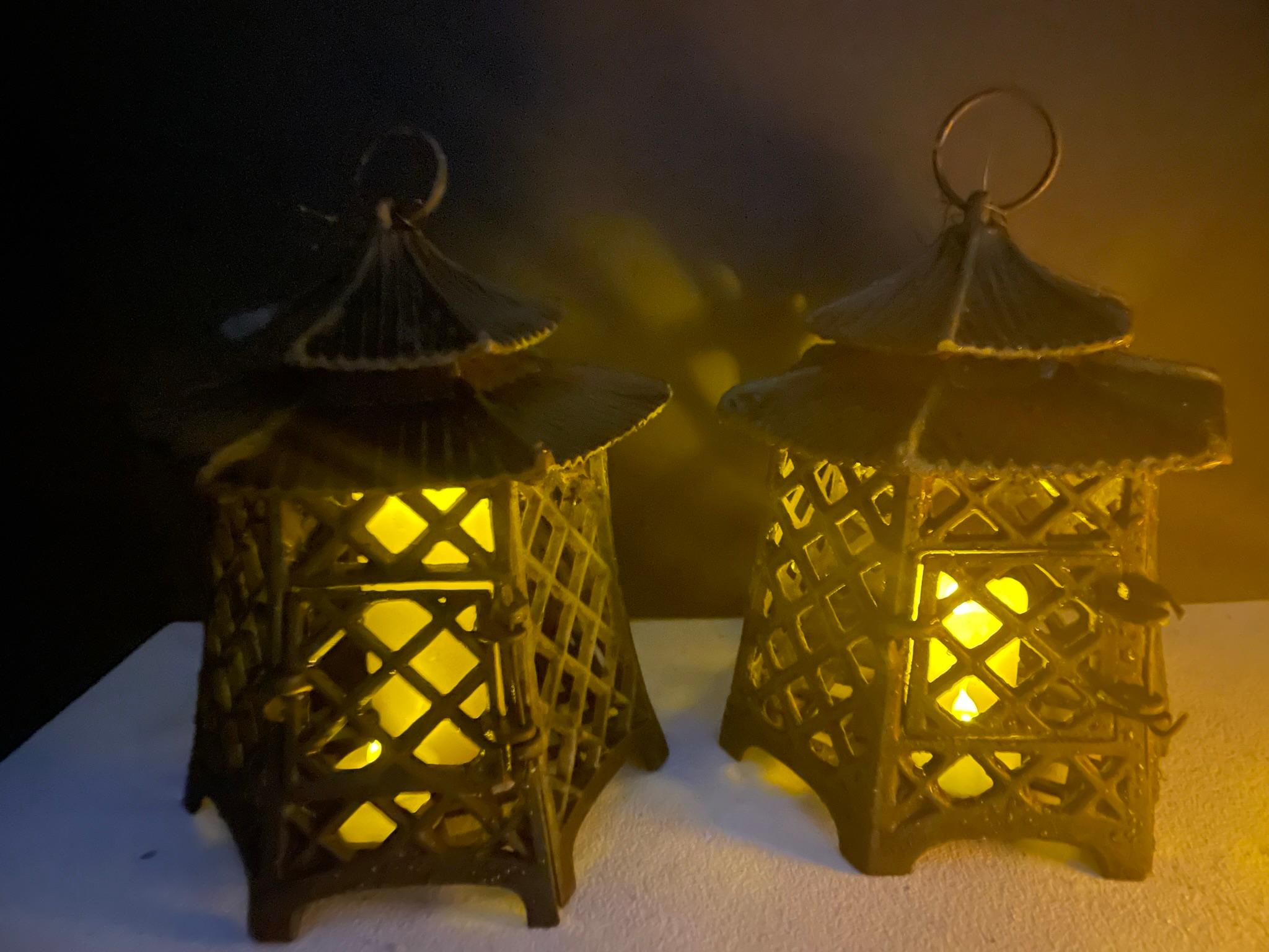 Hand-Crafted Japanese Antique Pair Double Pagoda Lighting Lanterns