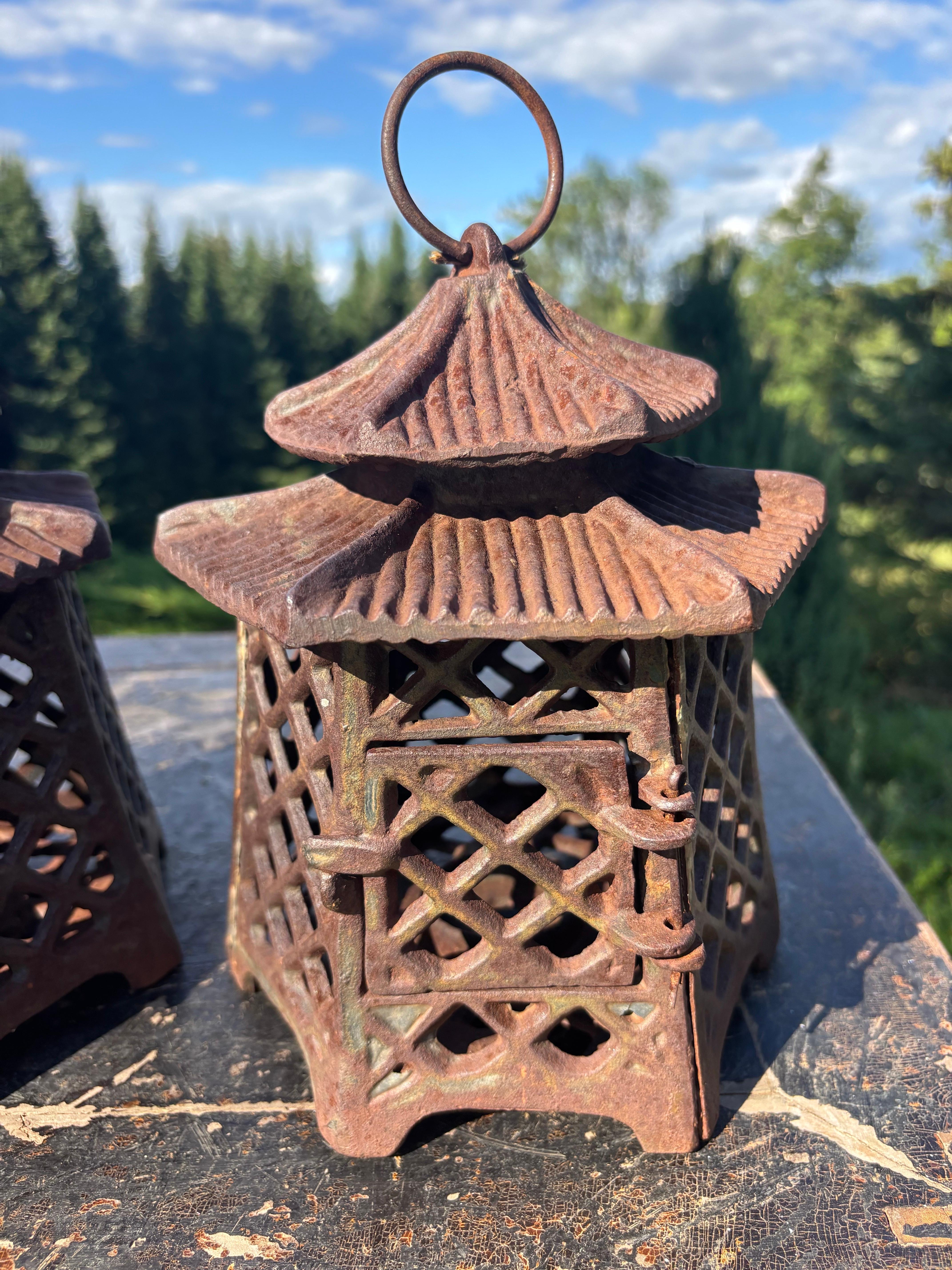 Japanese Antique Pair Double Pagoda Lighting Lanterns In Good Condition For Sale In South Burlington, VT