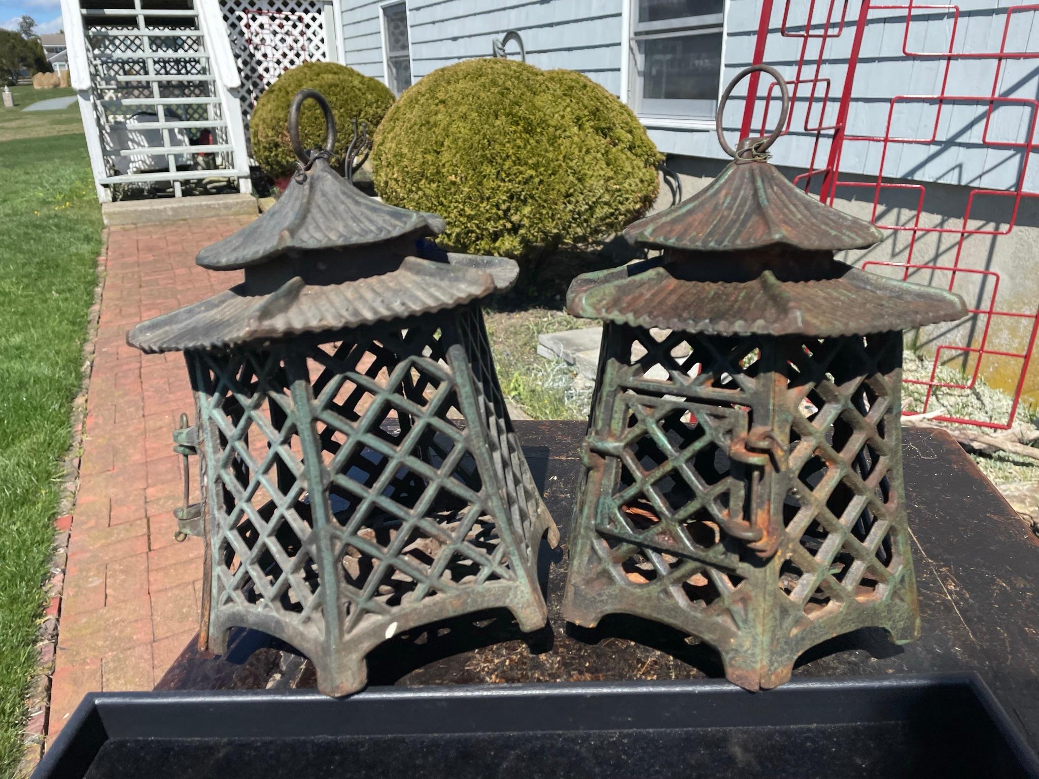 Japanese Antique Pair Double Pagoda Lighting Lanterns In Good Condition In South Burlington, VT