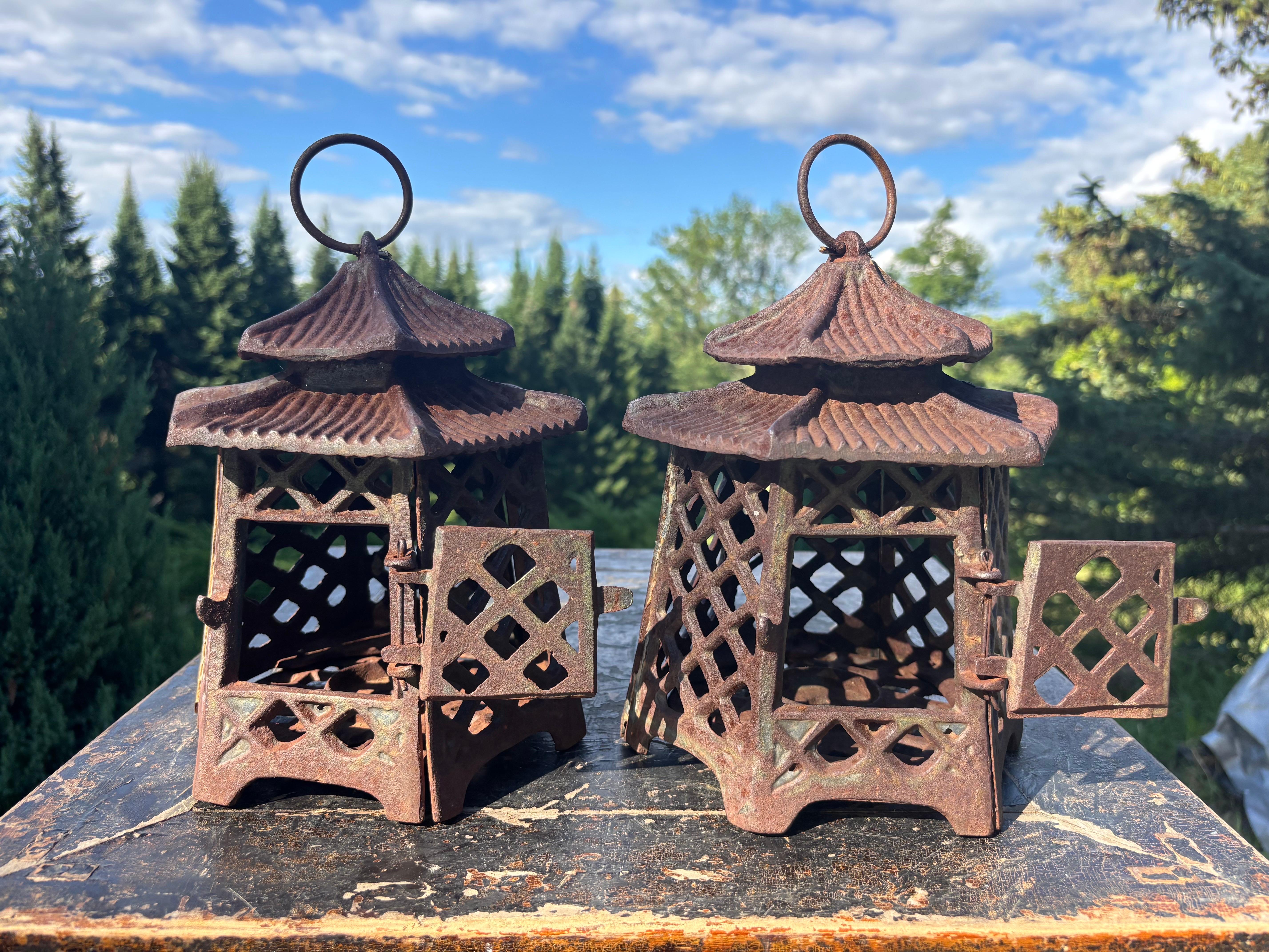 Iron Japanese Antique Pair Double Pagoda Lighting Lanterns For Sale