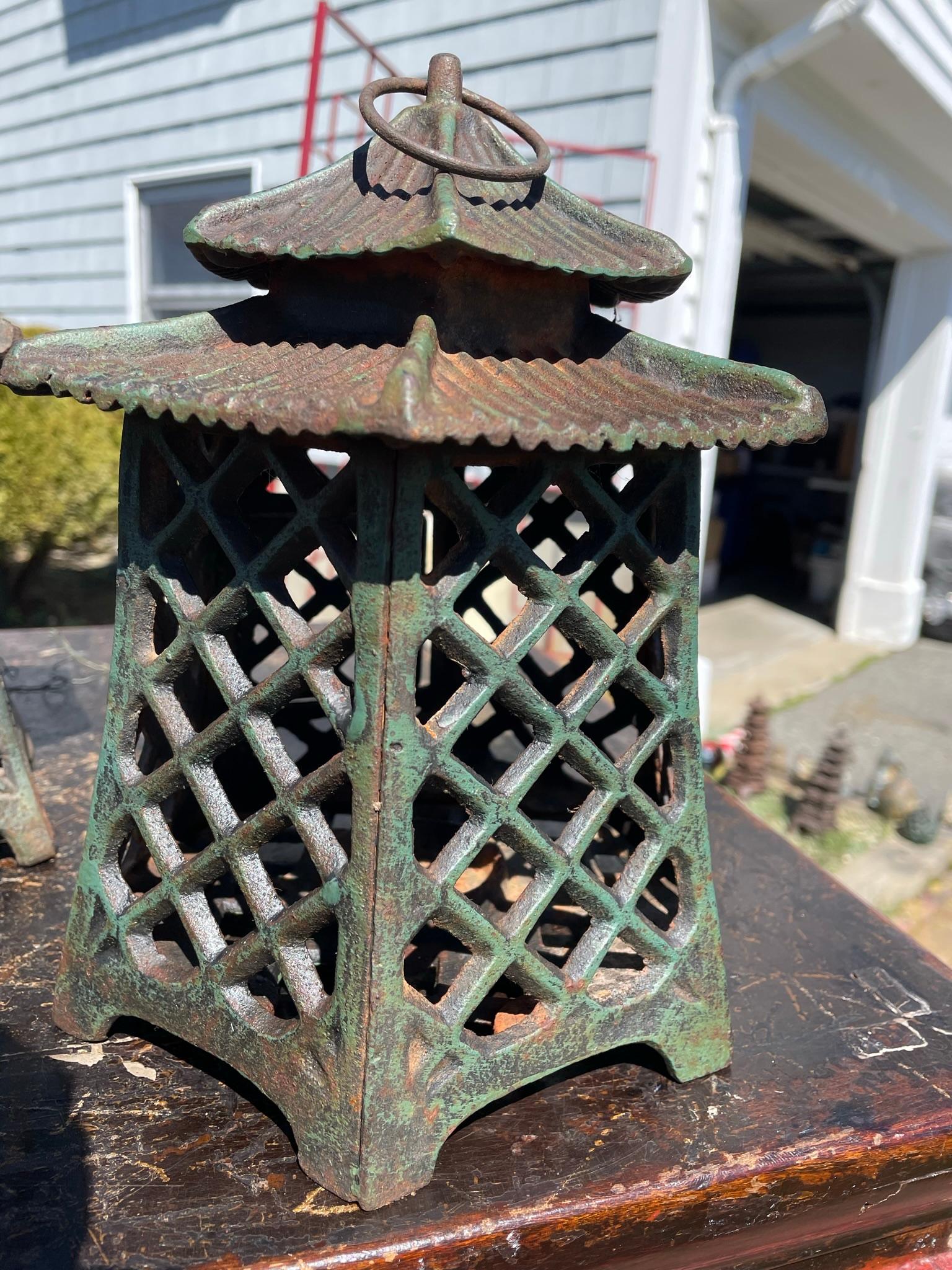 Iron Japanese Antique Pair Double Pagoda Lighting Lanterns