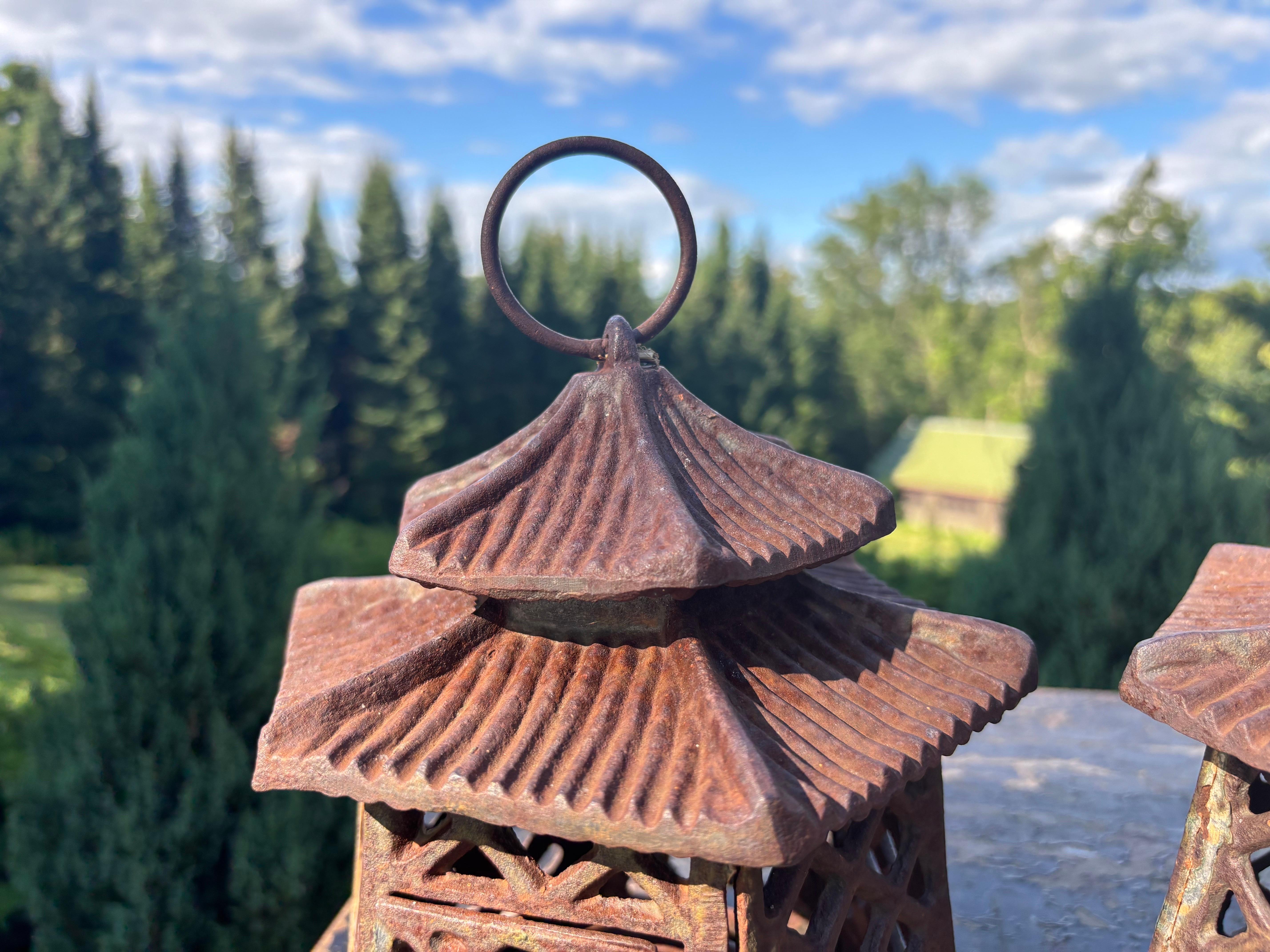 Japanese Antique Pair Double Pagoda Lighting Lanterns For Sale 1