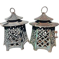 Japanese Antique Pair Double Pagoda Lighting Lanterns