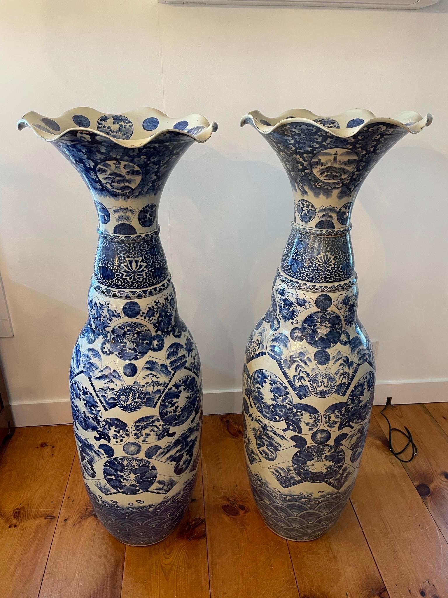 Japanese Huge Antique Pair Extraordinary Hand Painted Blue White Palace Vases 9