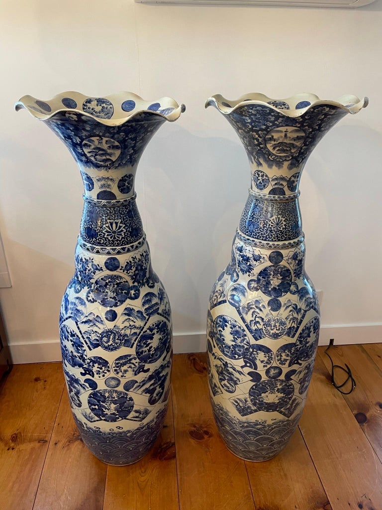 Japanese Antique Pair Extraordinary Hand Painted Blue and White Palace Vases For Sale 9