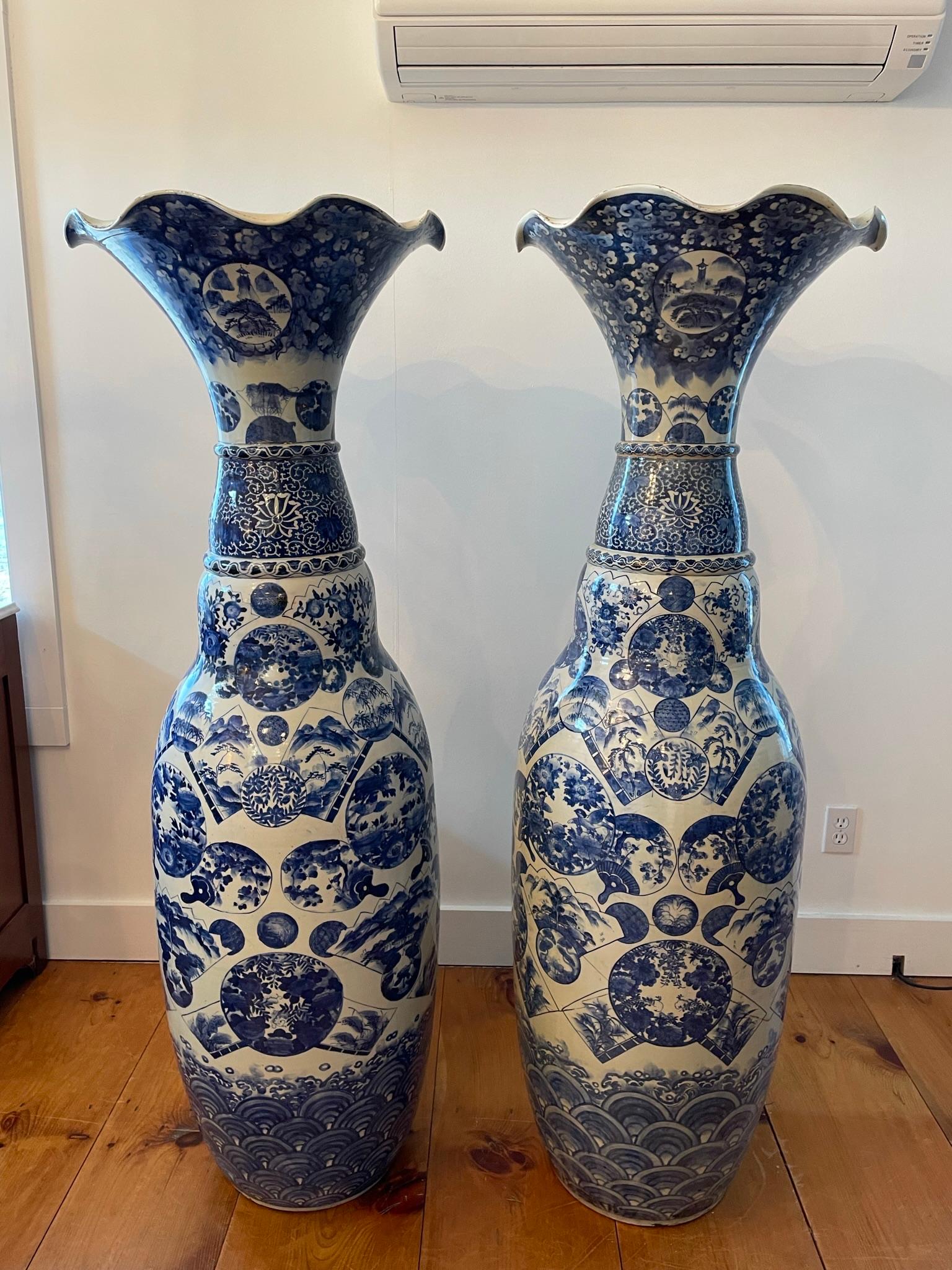 Japanese Huge Antique Pair Extraordinary Hand Painted Blue White Palace Vases 10