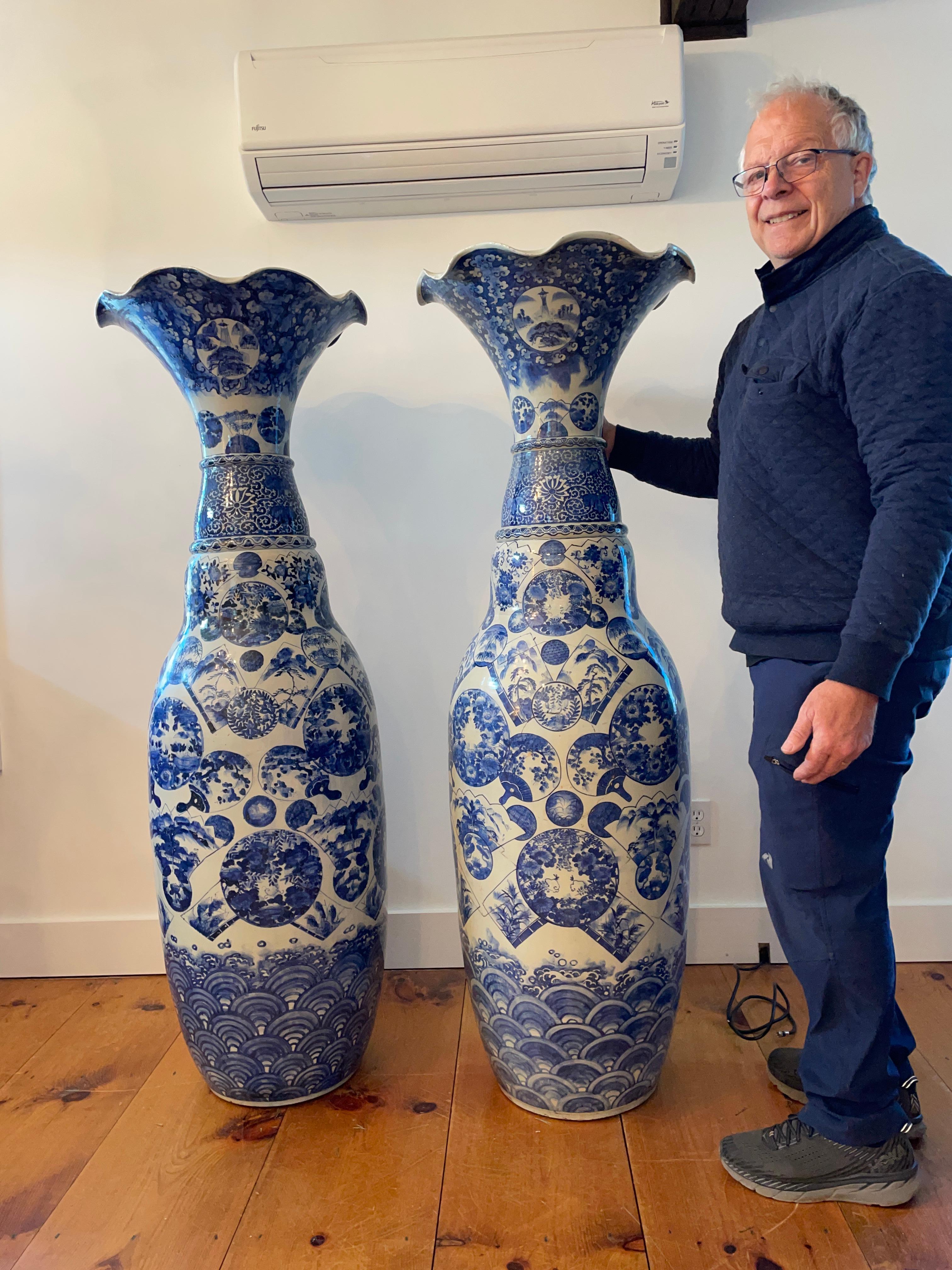 From An impeccable American Provenance:
Estate of Otis Elevator Family Descendant Elisha Graves Otis

Japanese pair (2) , 19th century Meiji period Imari Arita Yaki blue and white porcelain palace scale vases hand painted in cobalt under glaze in an