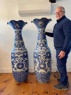 Japanese Huge Antique Pair Extraordinary Hand Painted Blue White Palace Vases
