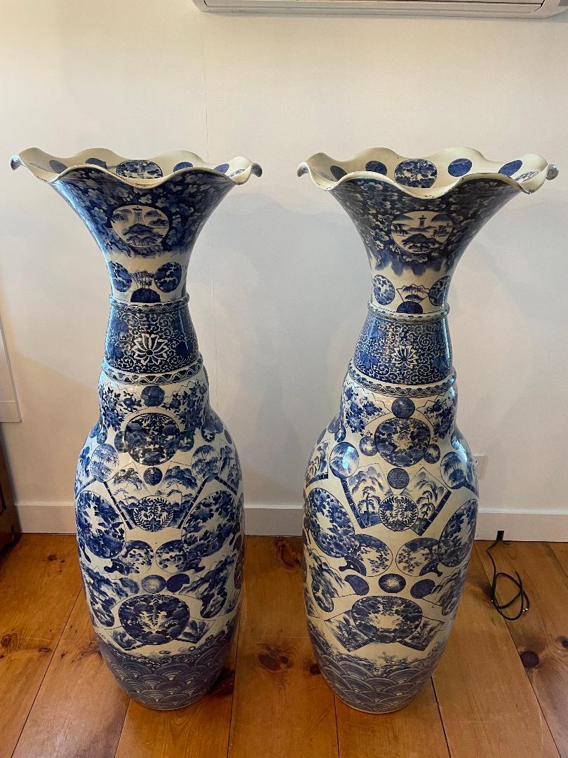Meiji Japanese Huge Antique Pair Extraordinary Hand Painted Blue White Palace Vases