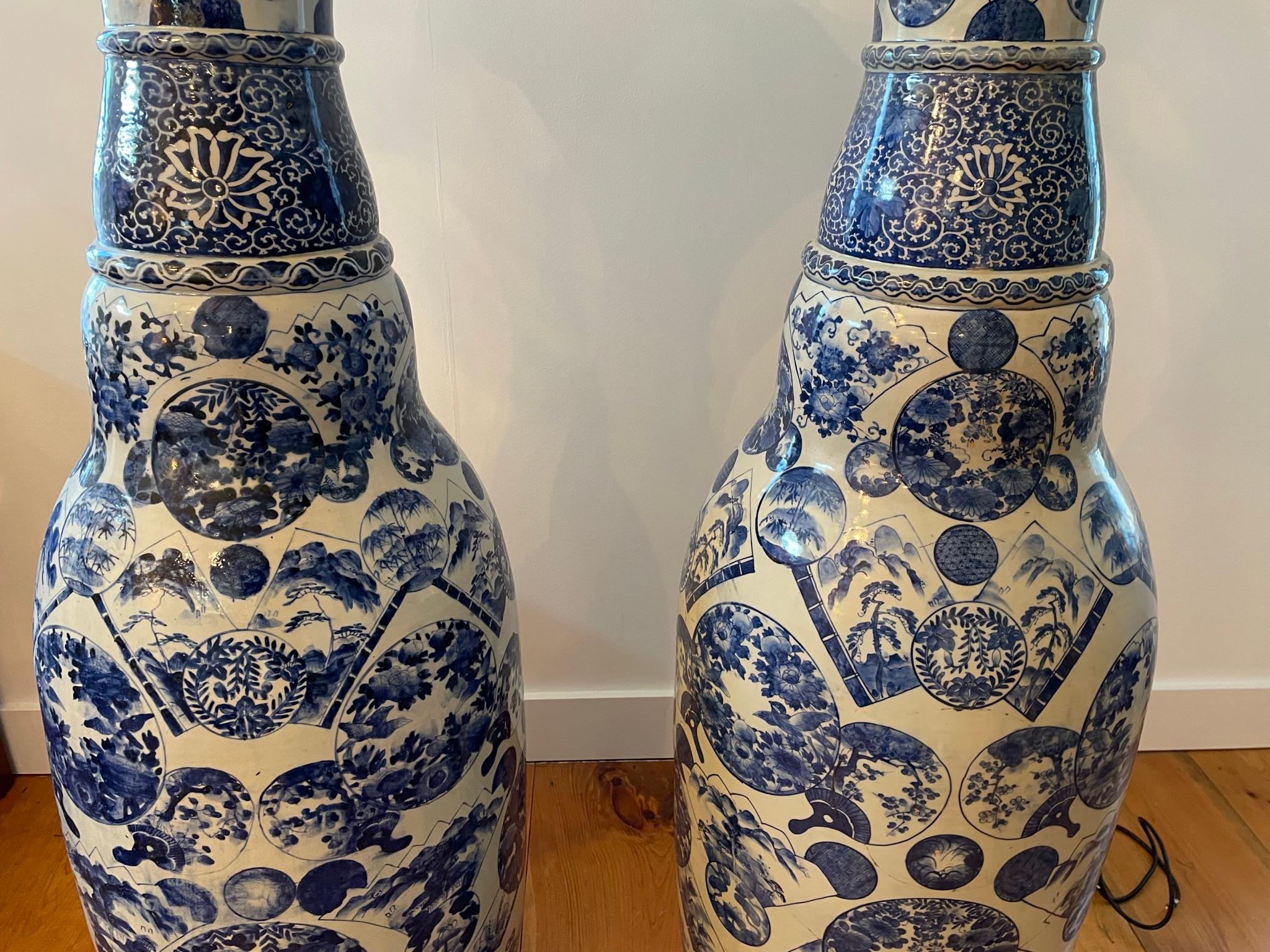 Glazed Japanese Huge Antique Pair Extraordinary Hand Painted Blue White Palace Vases
