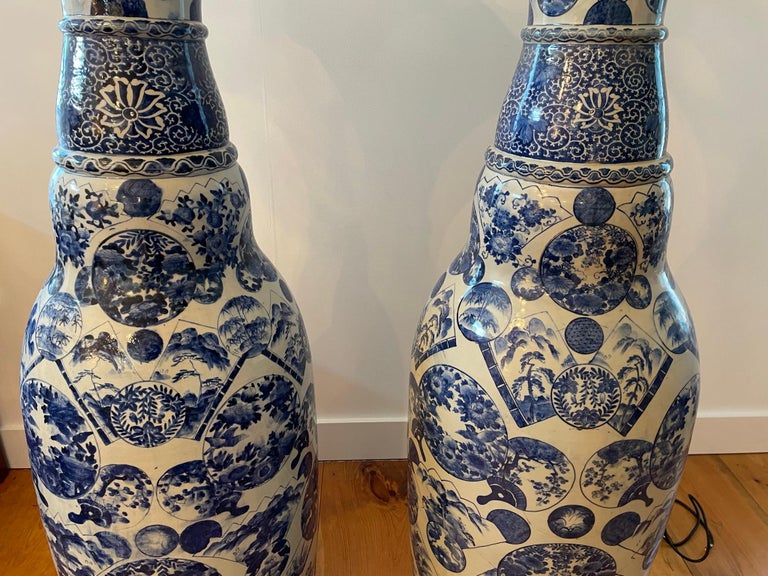 Glazed Japanese Antique Pair Extraordinary Hand Painted Blue and White Palace Vases For Sale