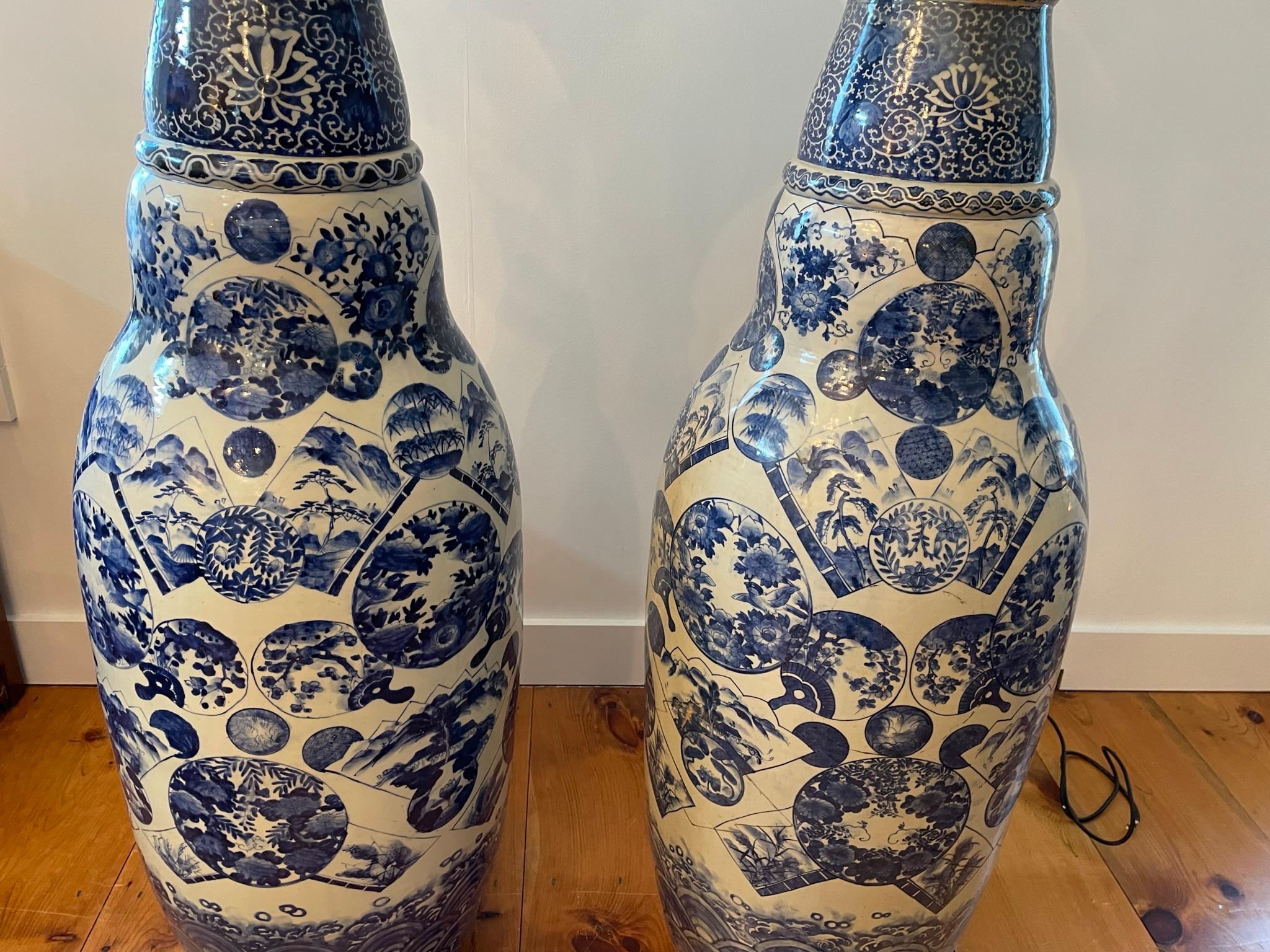 Japanese Huge Antique Pair Extraordinary Hand Painted Blue White Palace Vases In Good Condition In South Burlington, VT