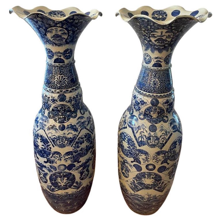 Japanese Antique Pair Extraordinary Hand Painted Blue and White Palace Vases For Sale