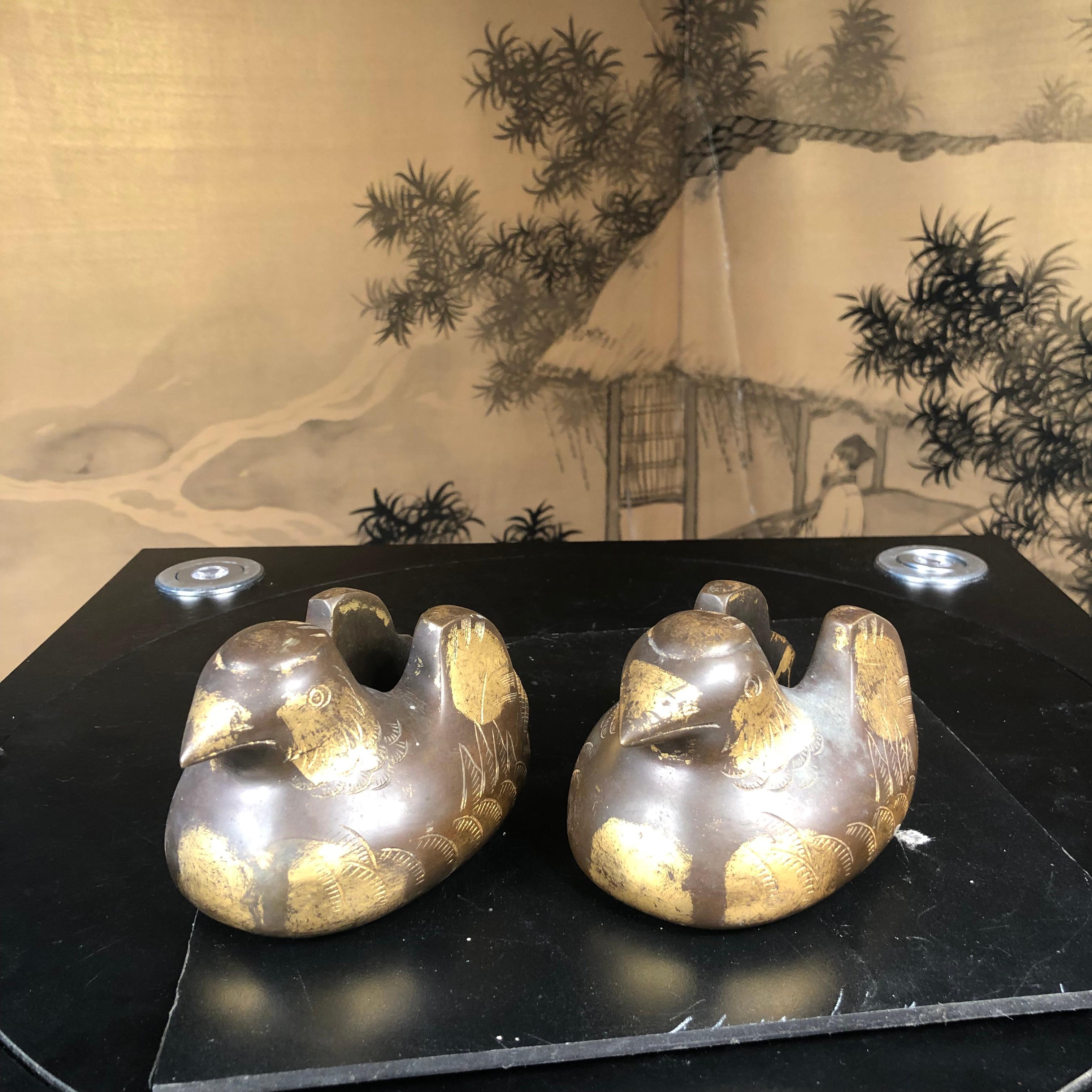 Japanese Antique Pair Gilt Bronze Mandarin Duck Screen Holders 4