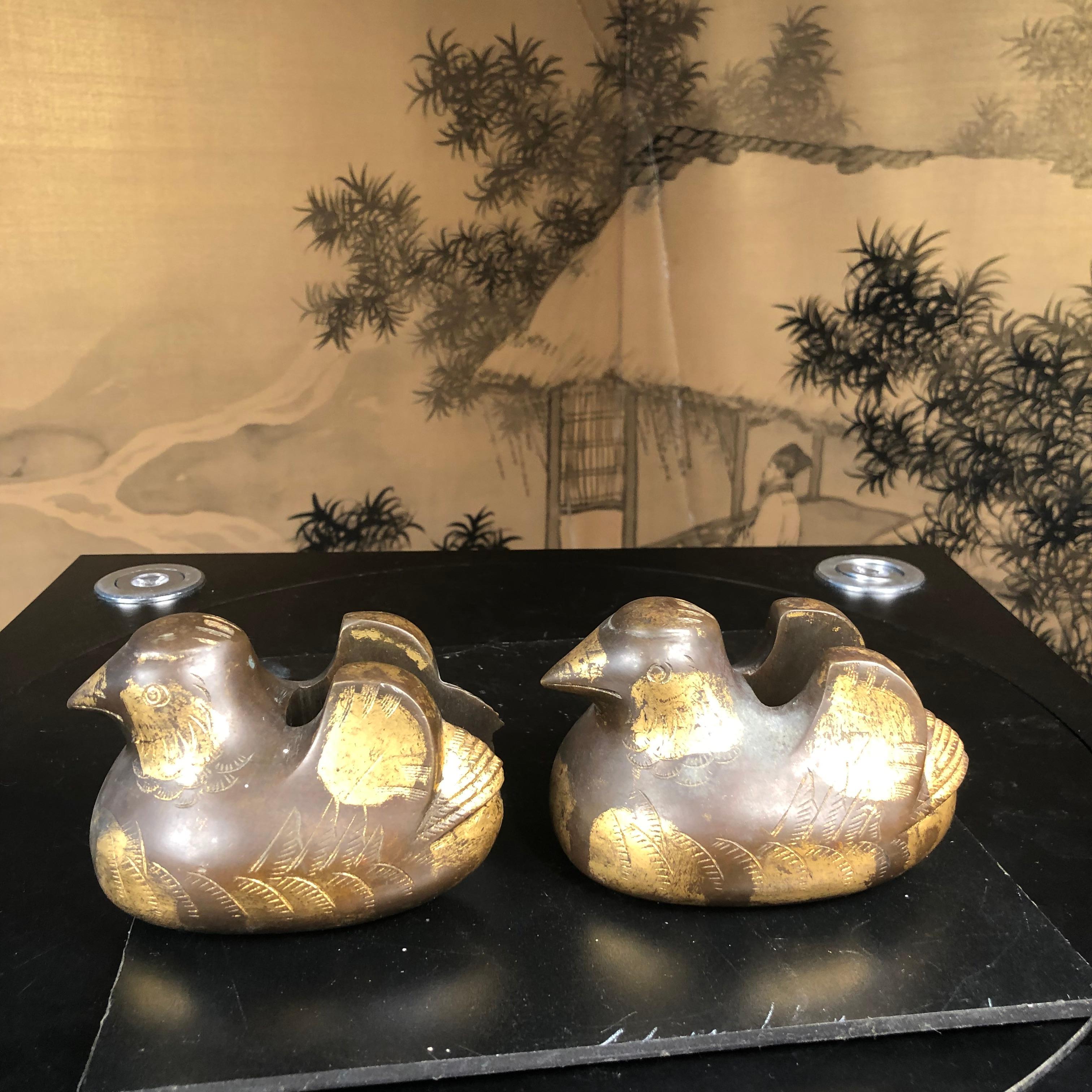 Japanese Antique Pair Gilt Bronze Mandarin Duck Screen Holders 5