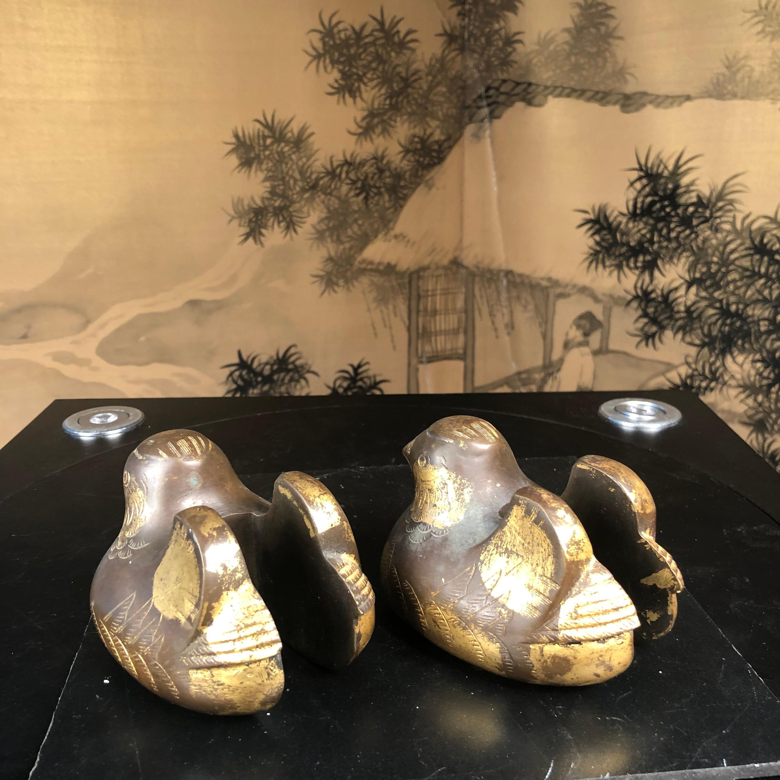Japanese Antique Pair Gilt Bronze Mandarin Duck Screen Holders 6