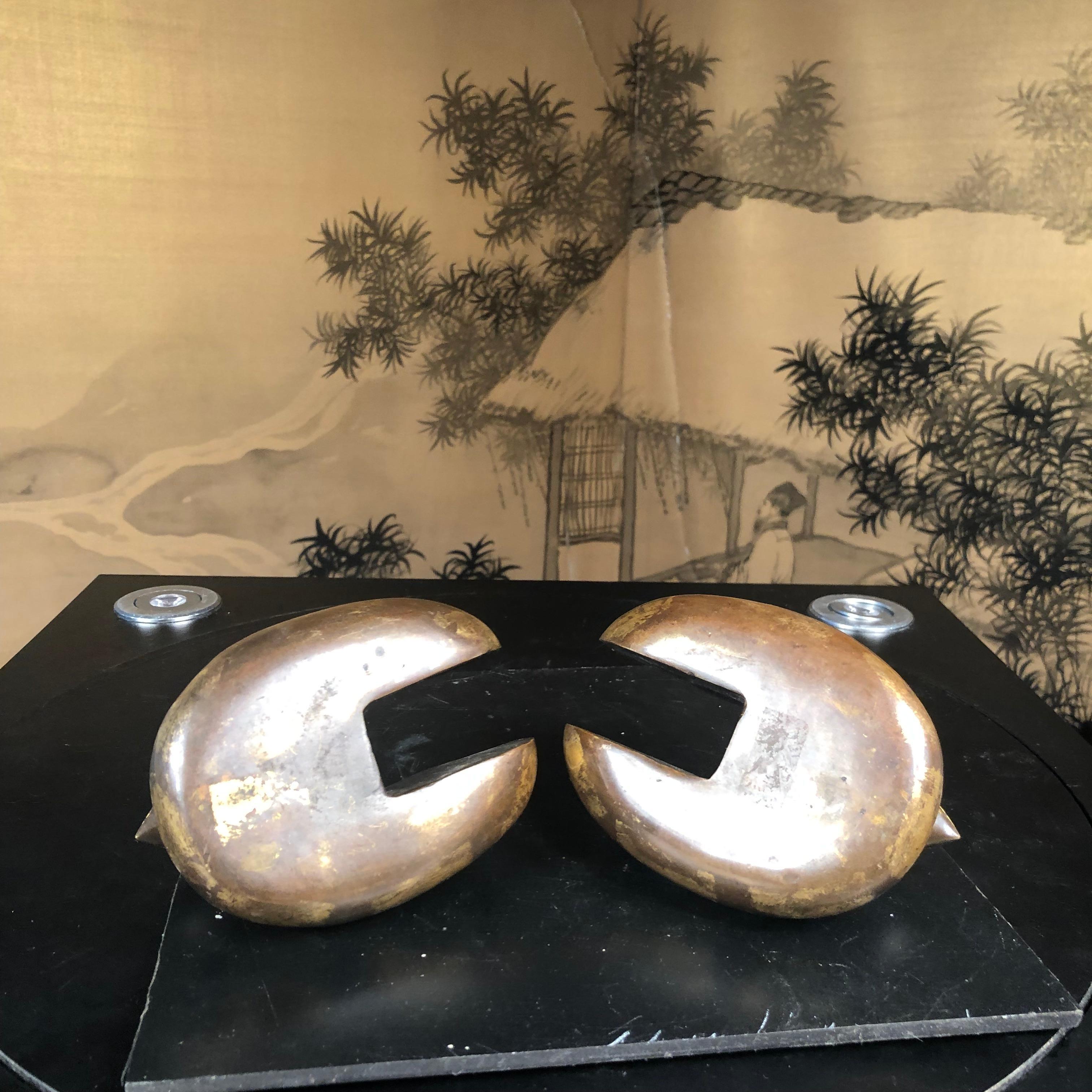 Japanese Antique Pair Gilt Bronze Mandarin Duck Screen Holders 8