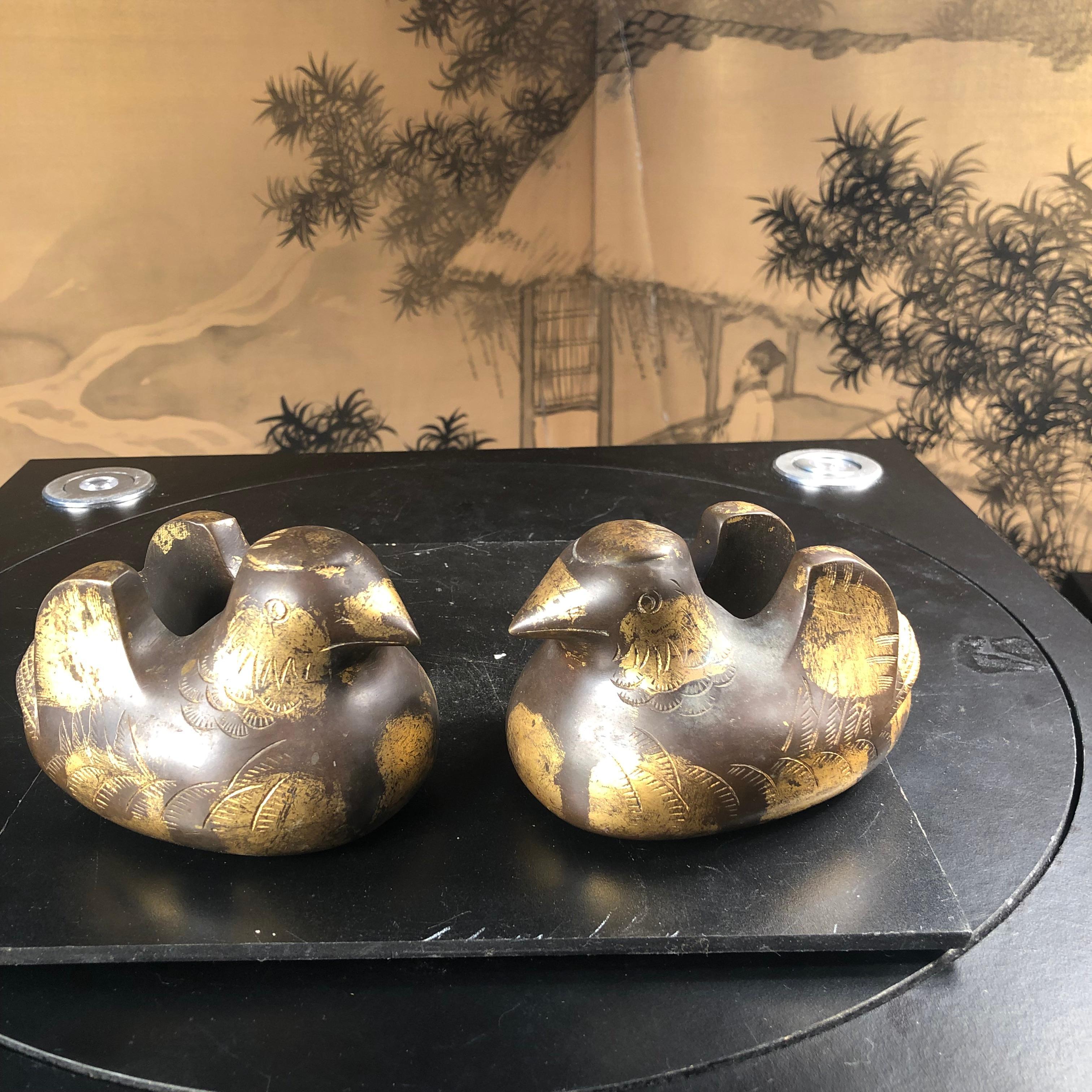 Japanese Antique Pair Gilt Bronze Mandarin Duck Screen Holders 10