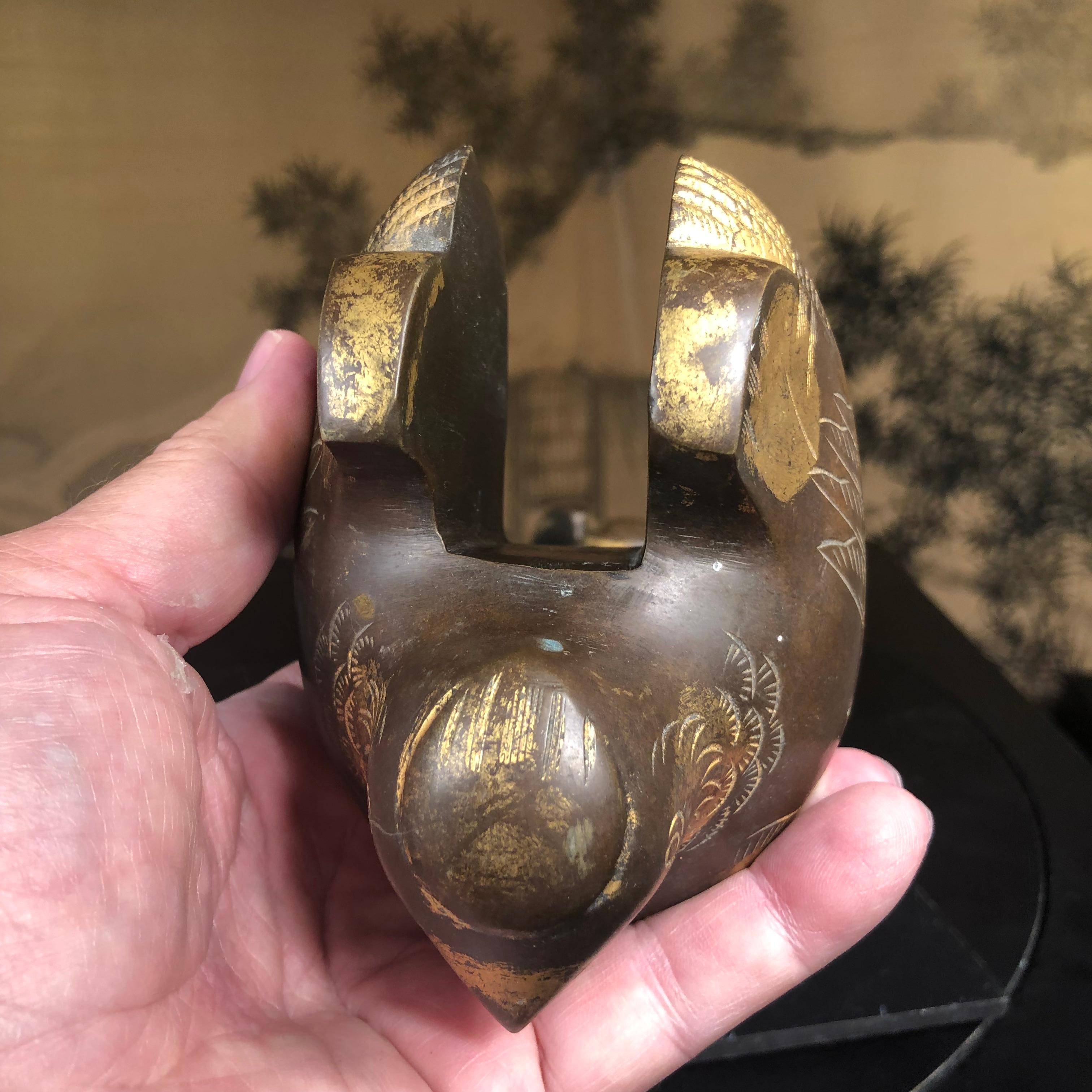 Japanese Antique Pair Gilt Bronze Mandarin Duck Screen Holders 10