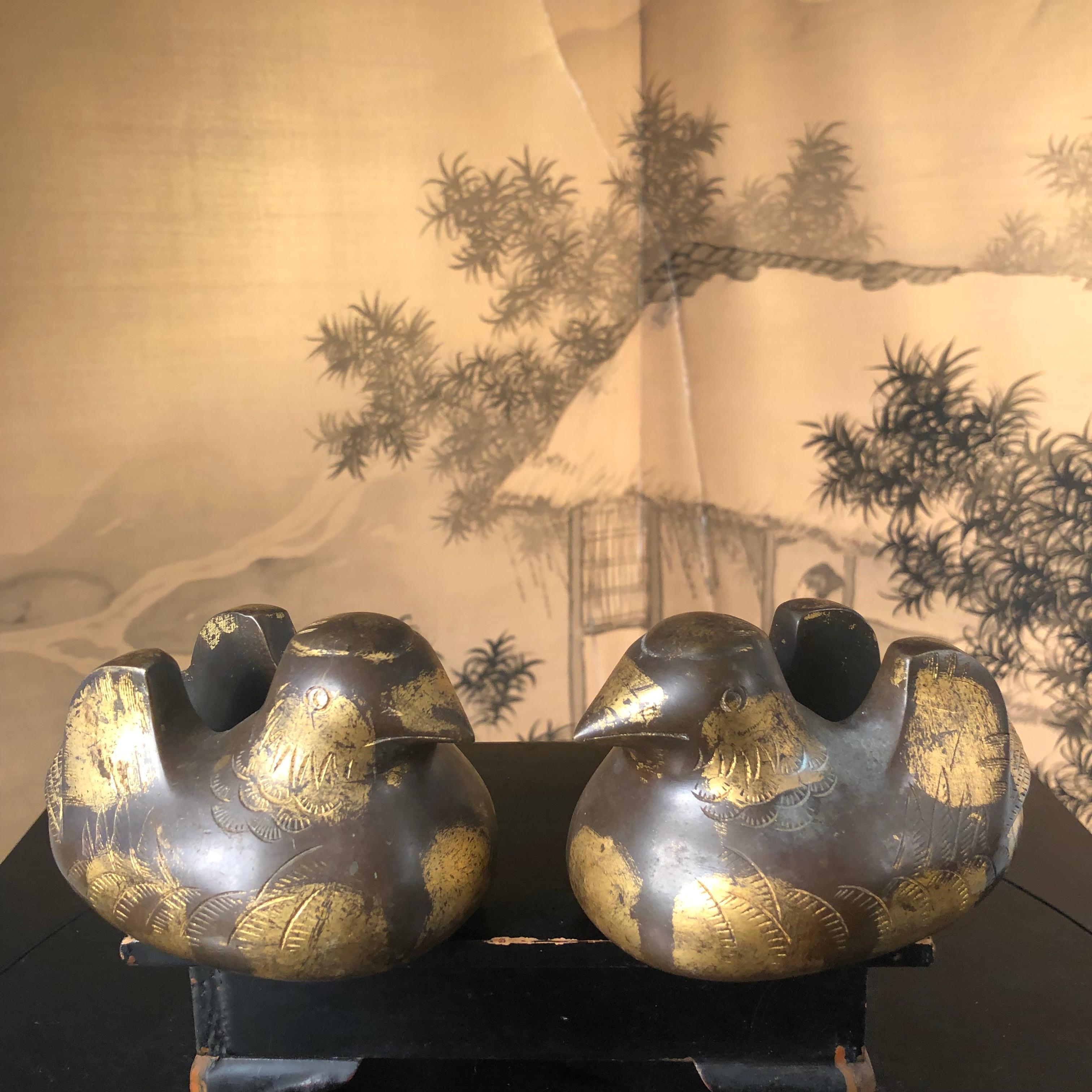 Meiji Japanese Antique Pair Gilt Bronze Mandarin Duck Screen Holders