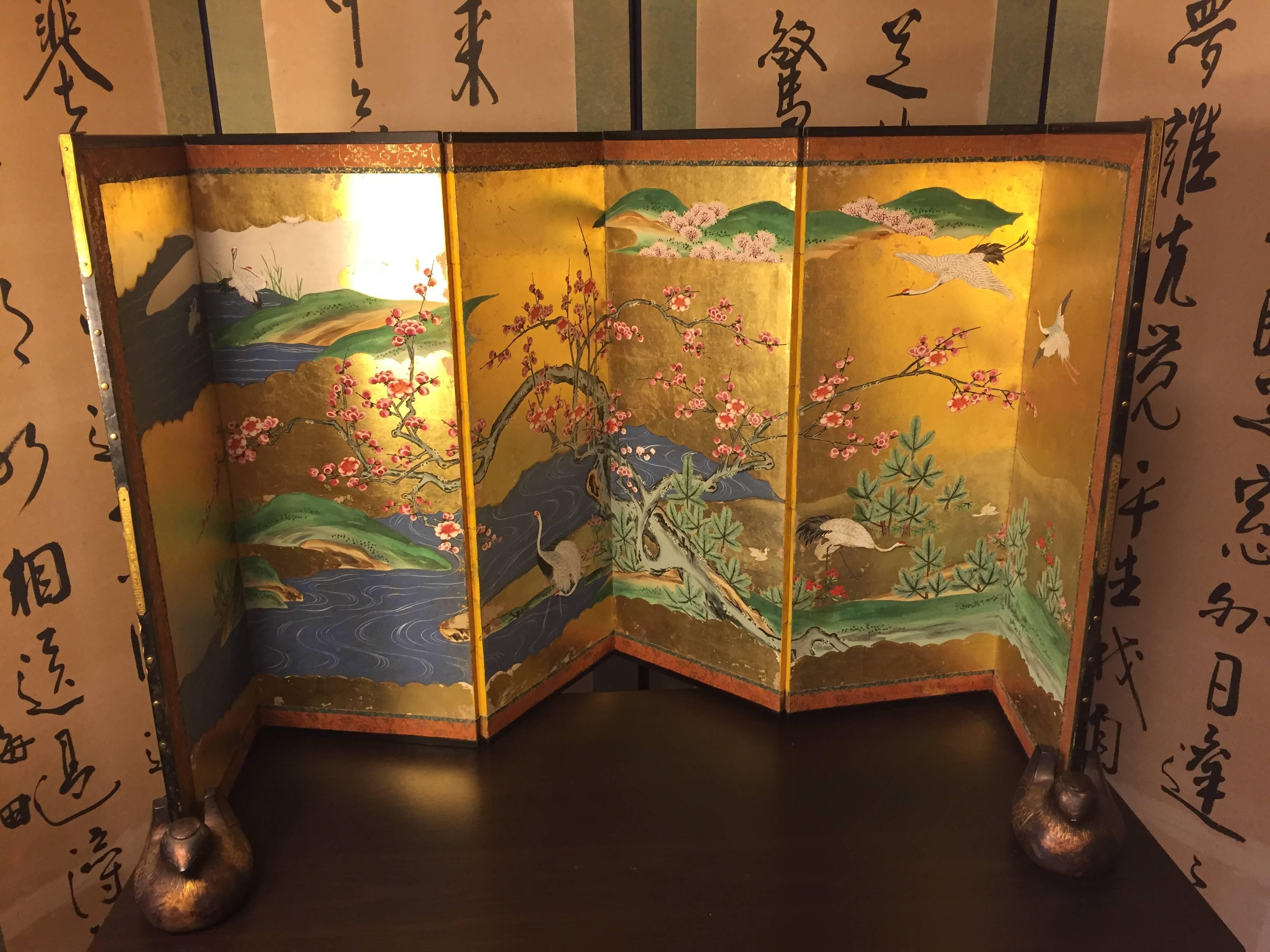 Cast Japanese Antique Pair Gilt Bronze Mandarin Duck Screen Holders