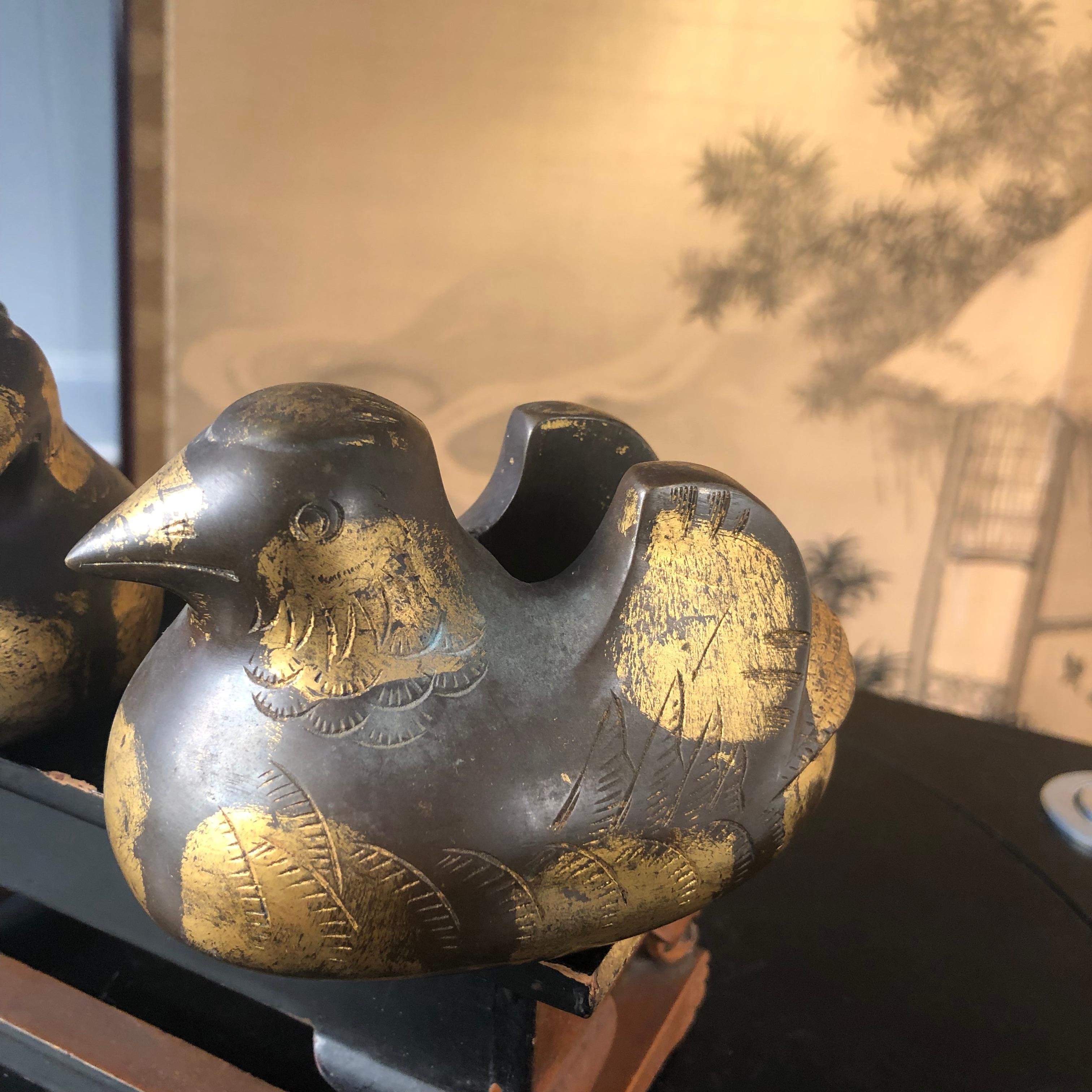 Japanese Antique Pair Gilt Bronze Mandarin Duck Screen Holders In Good Condition In South Burlington, VT
