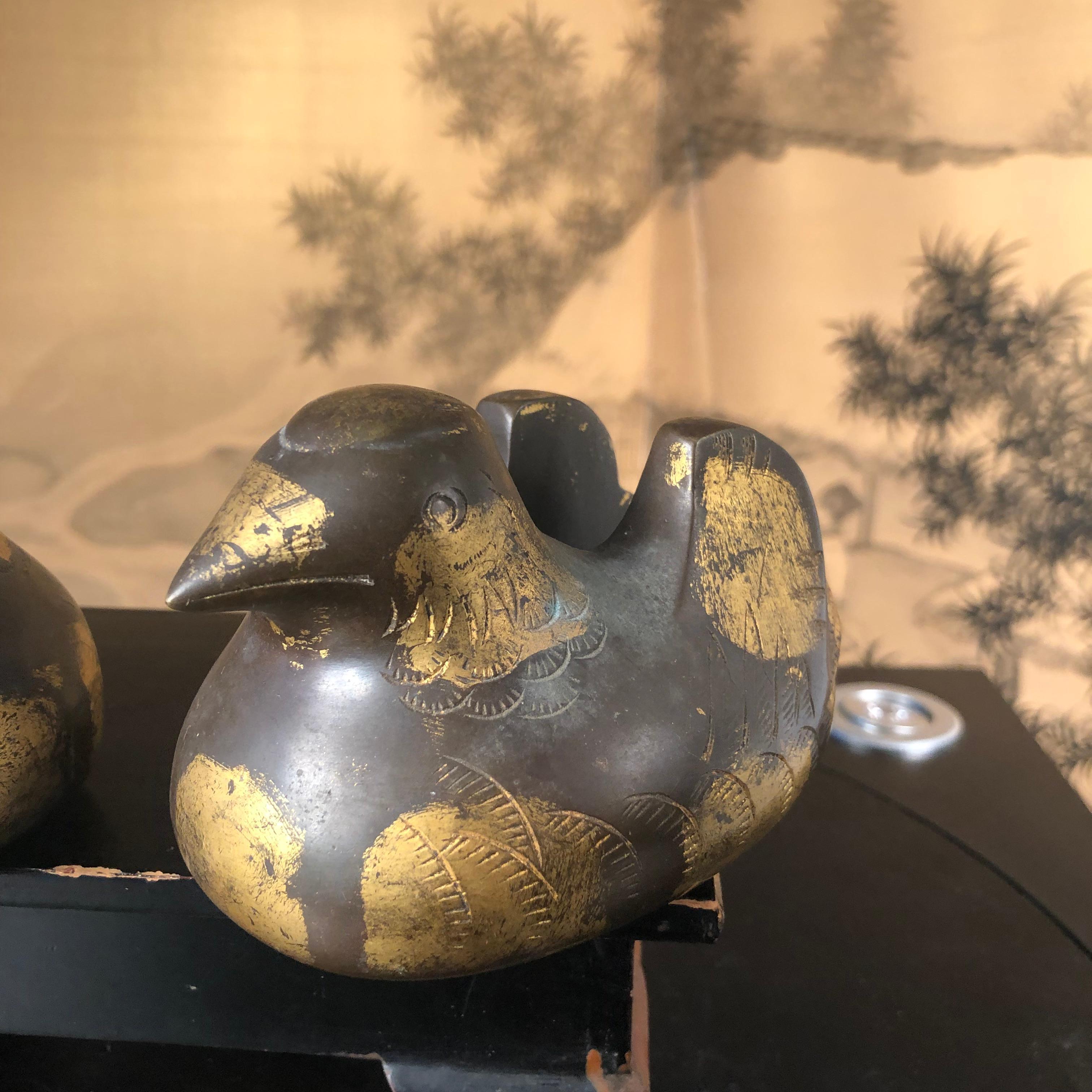 19th Century Japanese Antique Pair Gilt Bronze Mandarin Duck Screen Holders