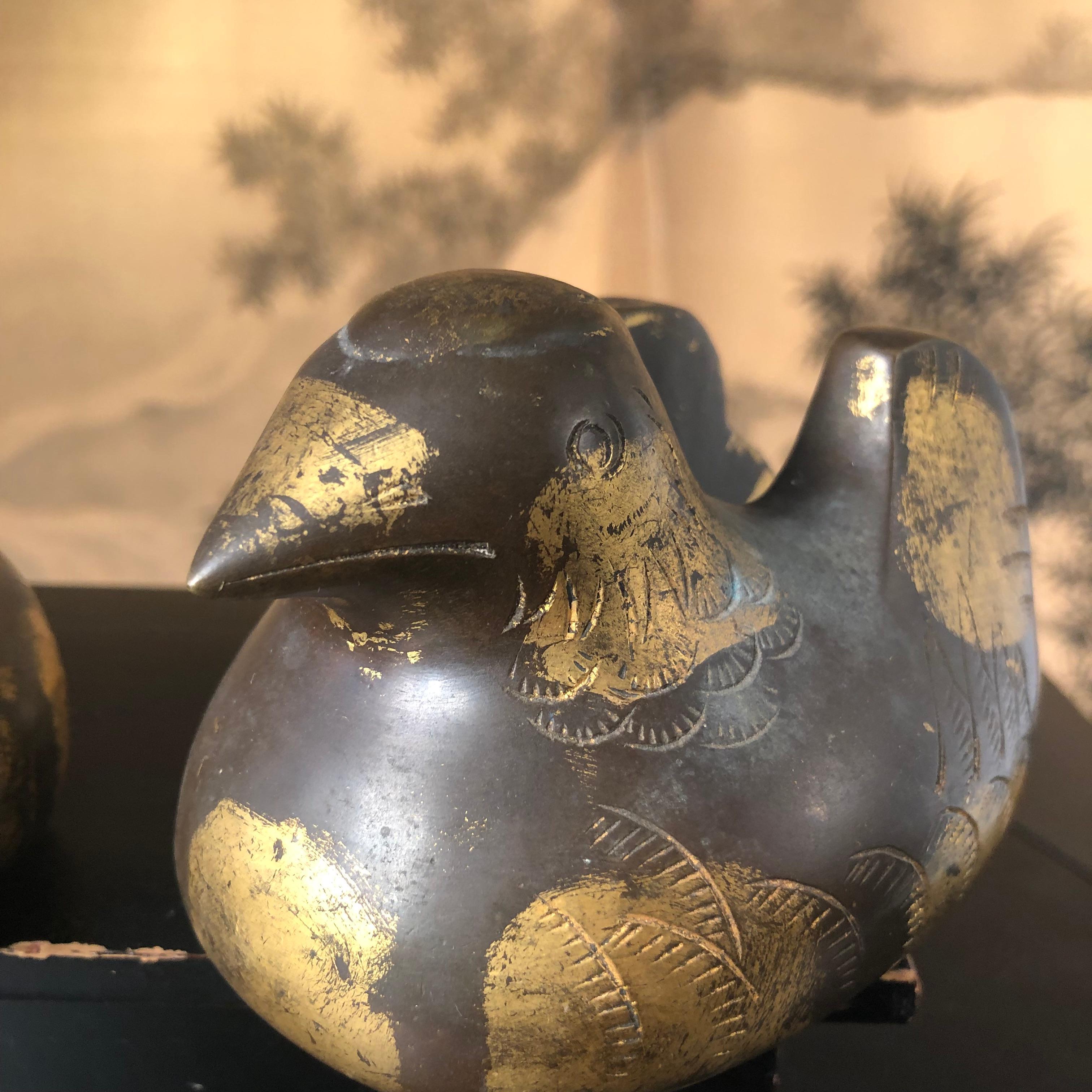 Japanese Antique Pair Gilt Bronze Mandarin Duck Screen Holders 1