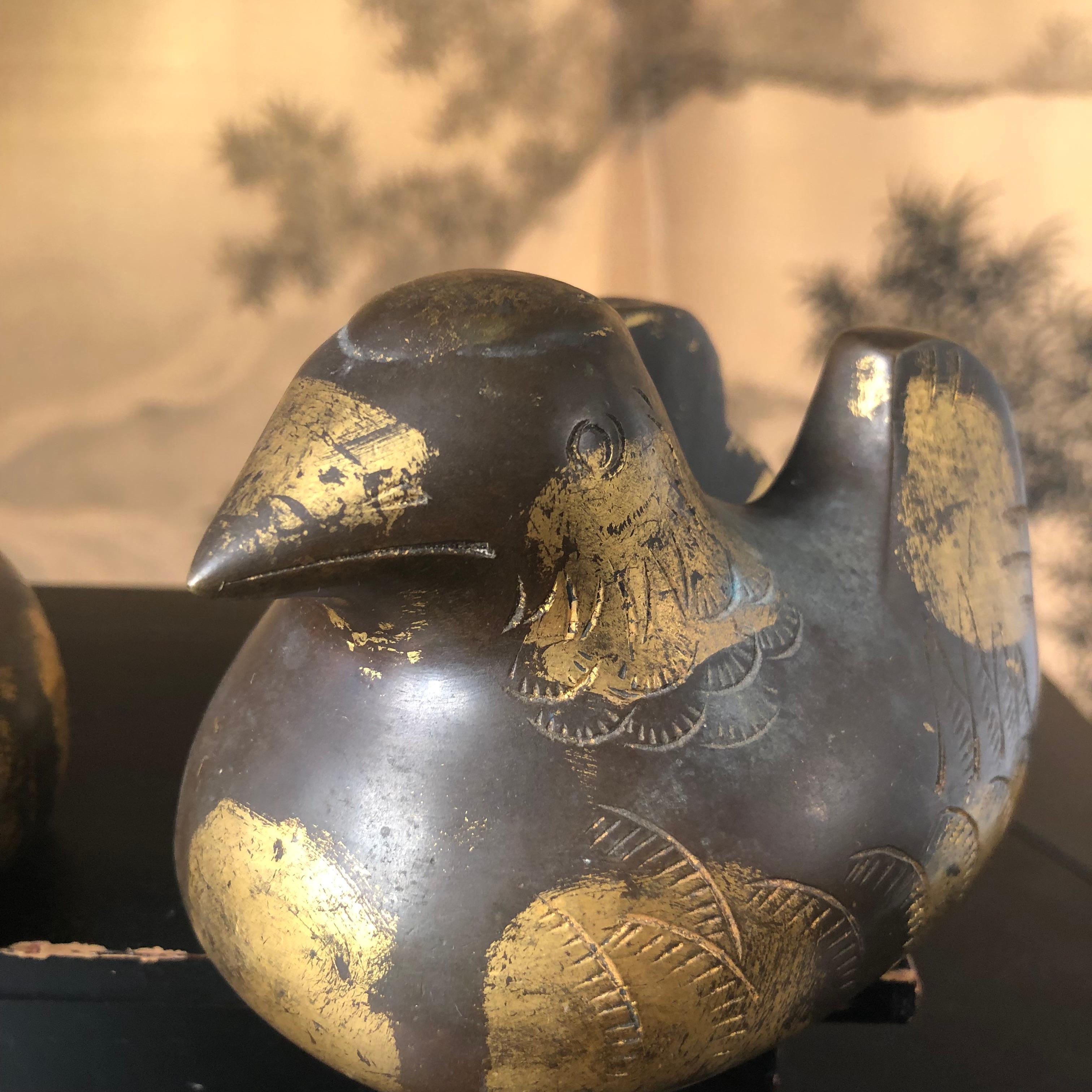 Japanese Antique Pair Gilt Bronze Mandarin Duck Screen Holders 2