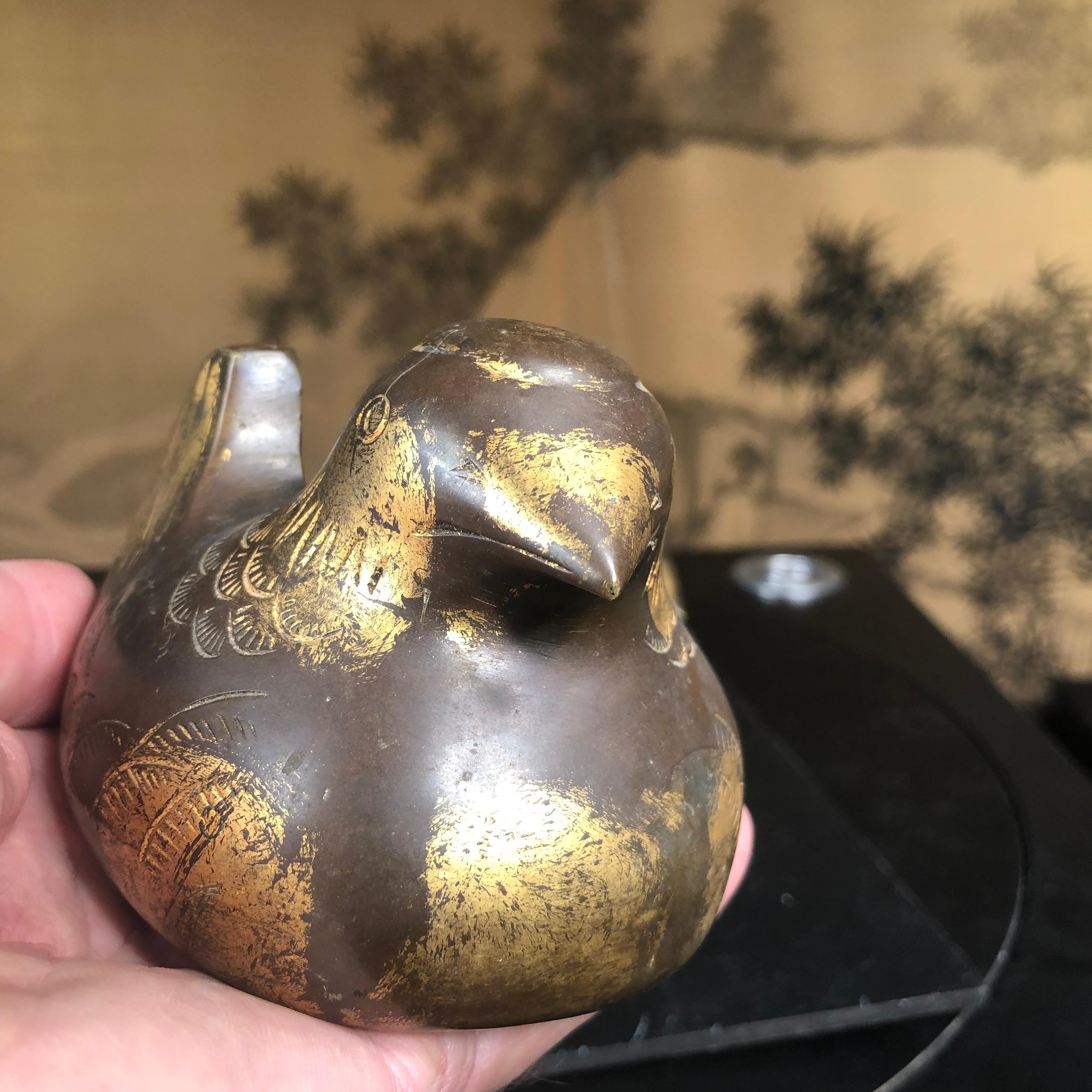 Japanese Antique Pair Gilt Bronze Mandarin Duck Screen Holders 2