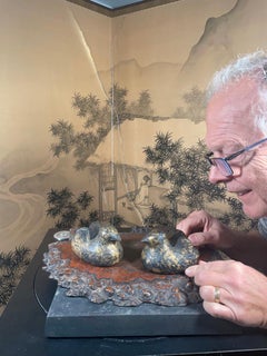 Japanese Antique Pair Gilt Mandarin Duck Screen Holders