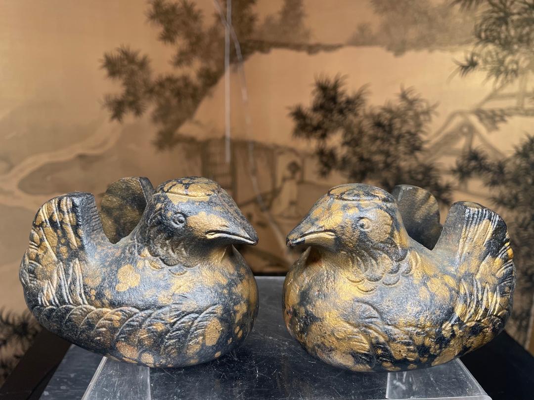 Taisho Japanese Antique Pair Gilt Mandarin Duck Screen Holders
