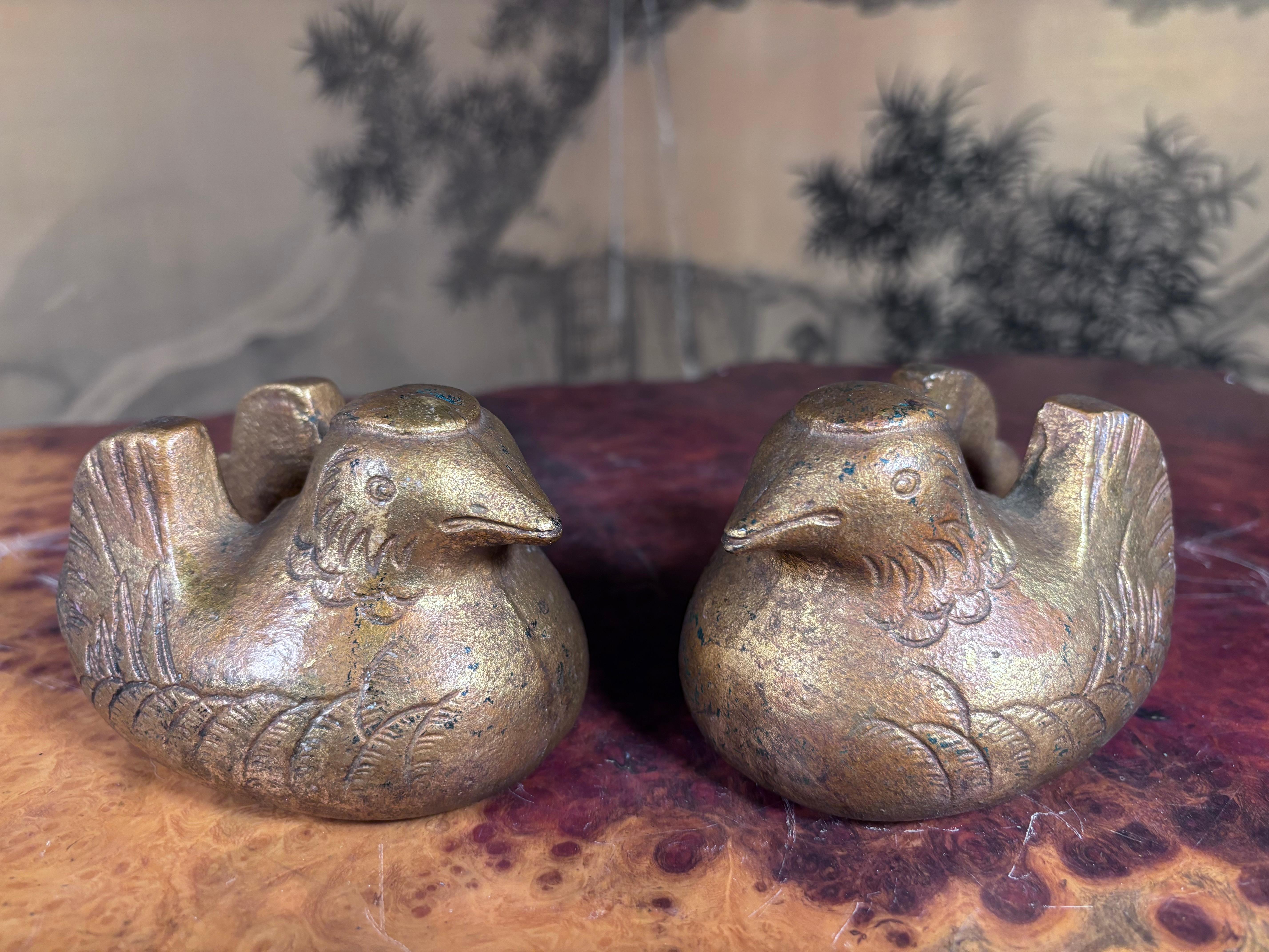 Meiji Japanese Antique Pair Gilt  Mandarin Duck Screen Holders