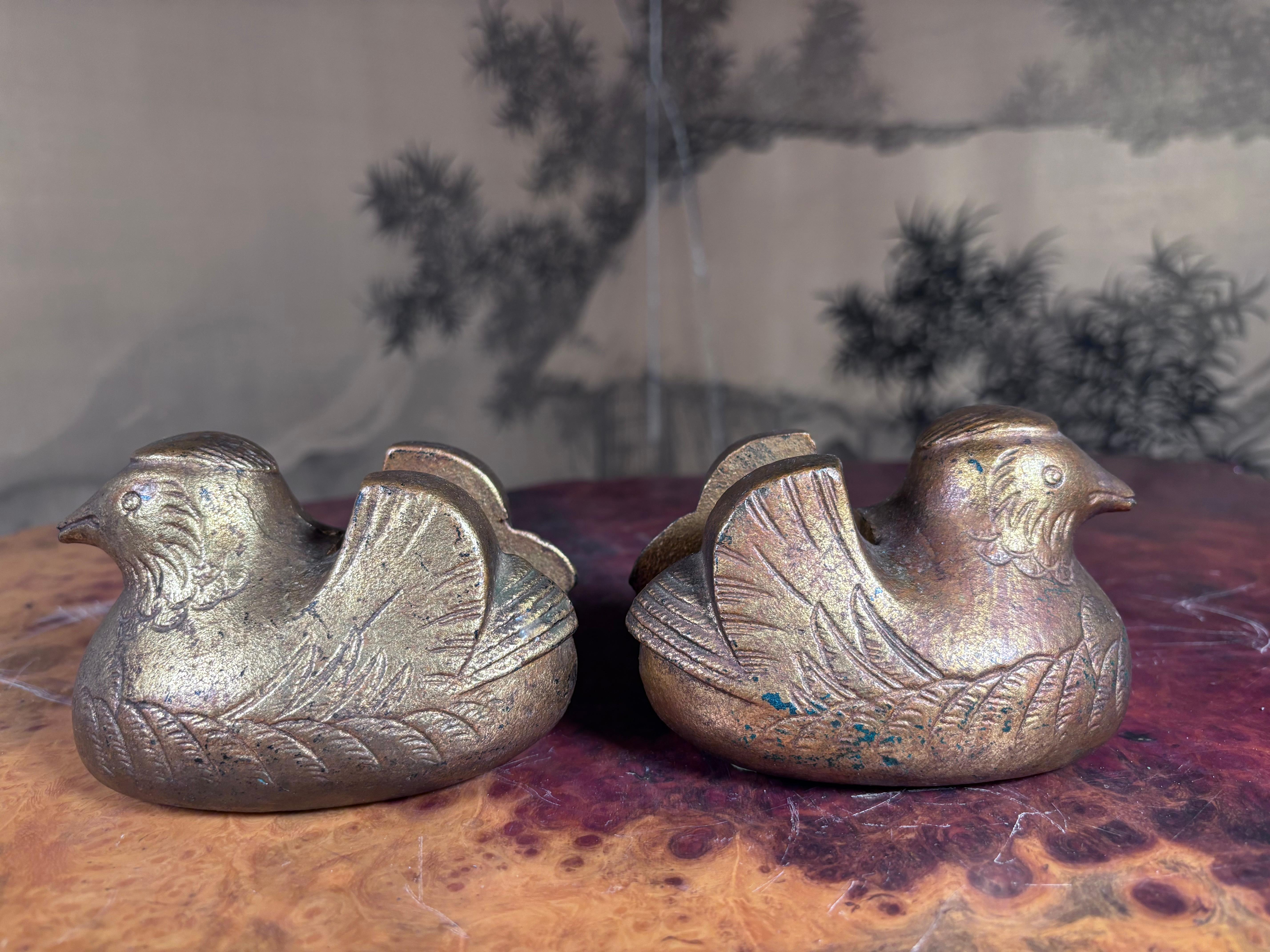 Iron Japanese Antique Pair Gilt  Mandarin Duck Screen Holders