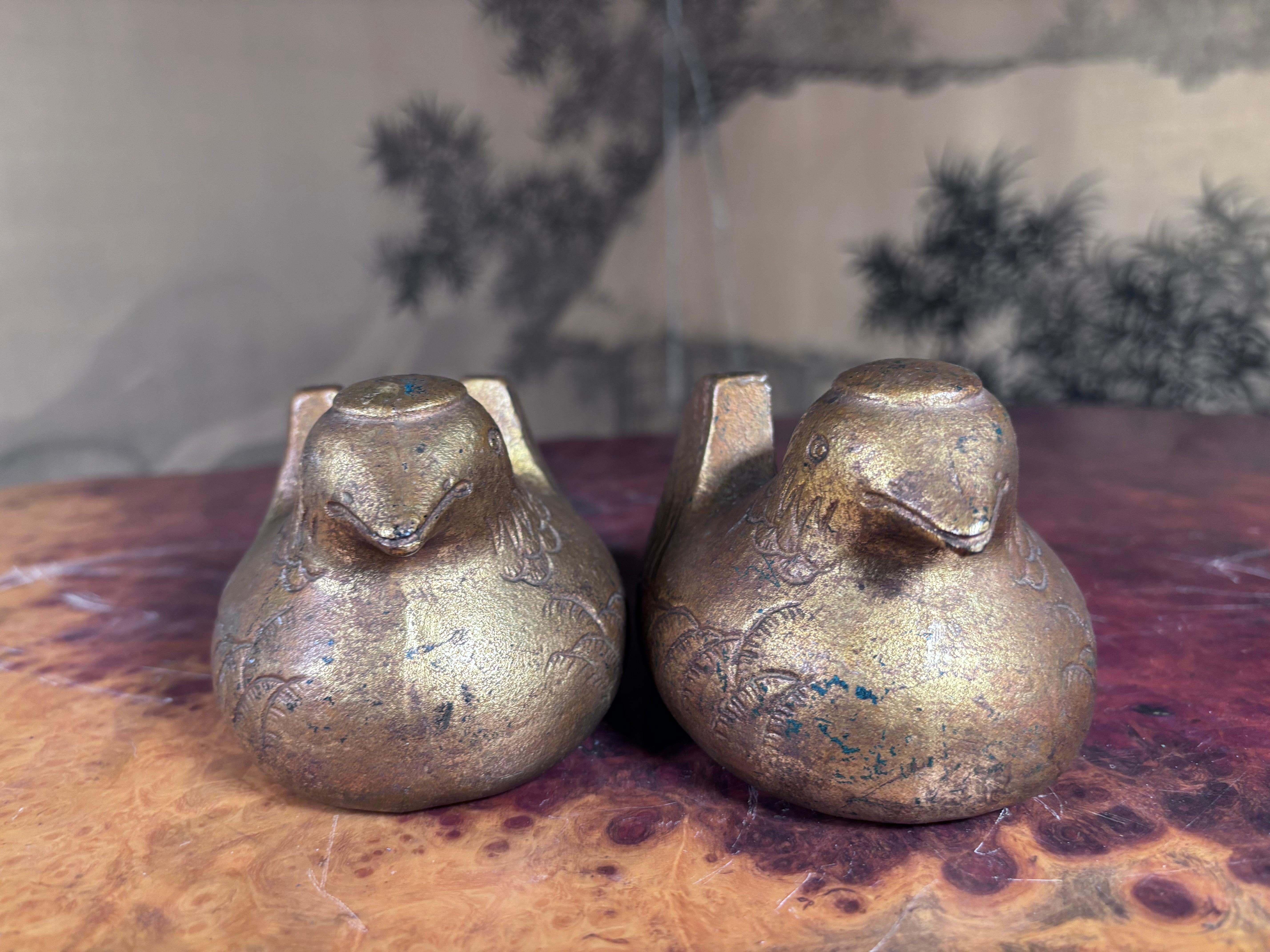 Japanese Antique Pair Gilt  Mandarin Duck Screen Holders 1