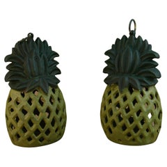 Japanese Antique Pair Pineapple Hand Painted Garden Candle Lanterns
